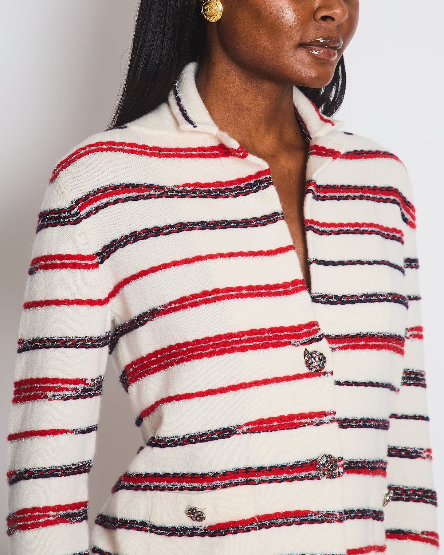 Chanel 20/S White Striped Tweed Button Down Cashmere Cardigan Size FR 34 (UK 6) Apparel