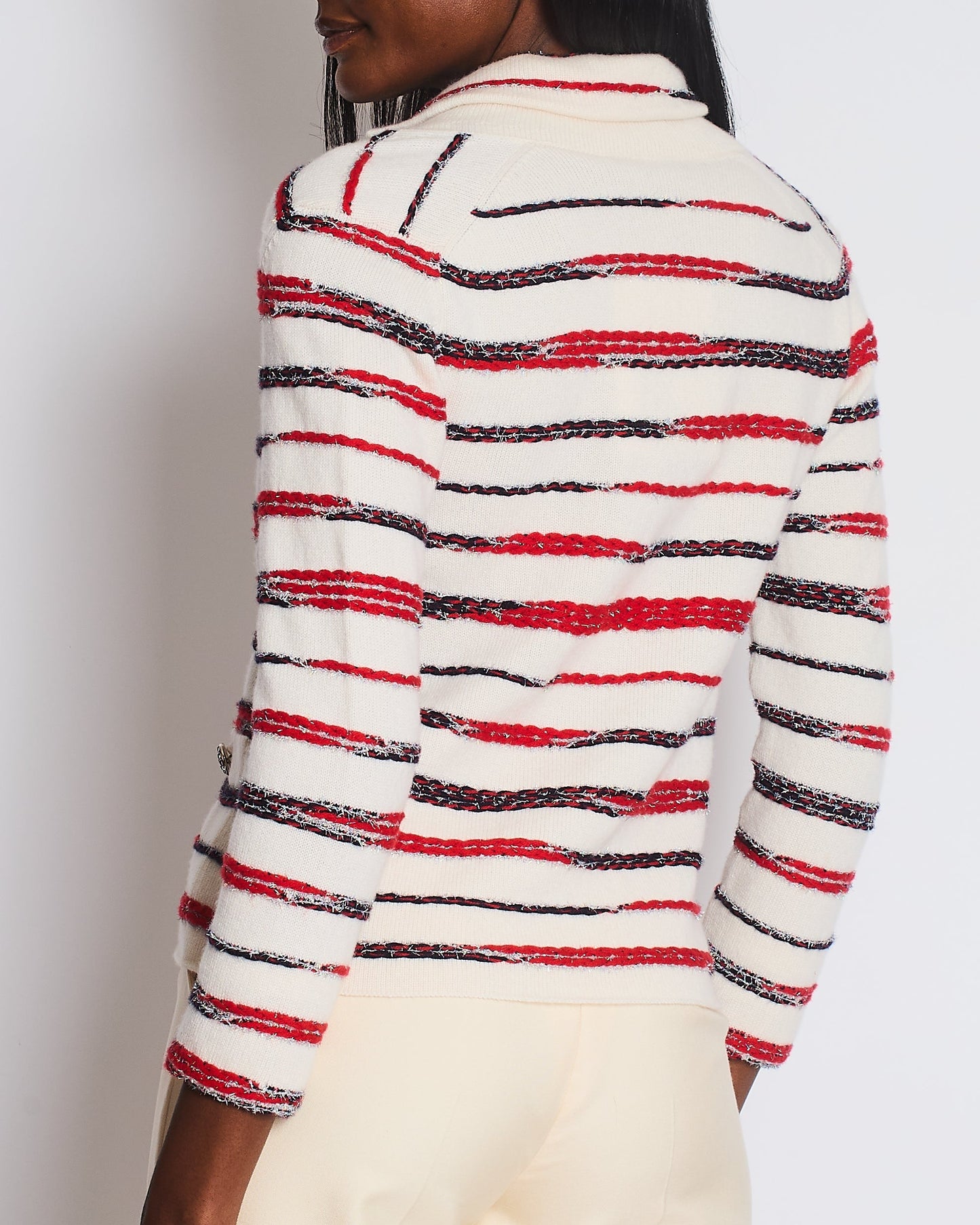 Chanel 20/S White Striped Tweed Button Down Cashmere Cardigan Size FR 34 (UK 6) Apparel