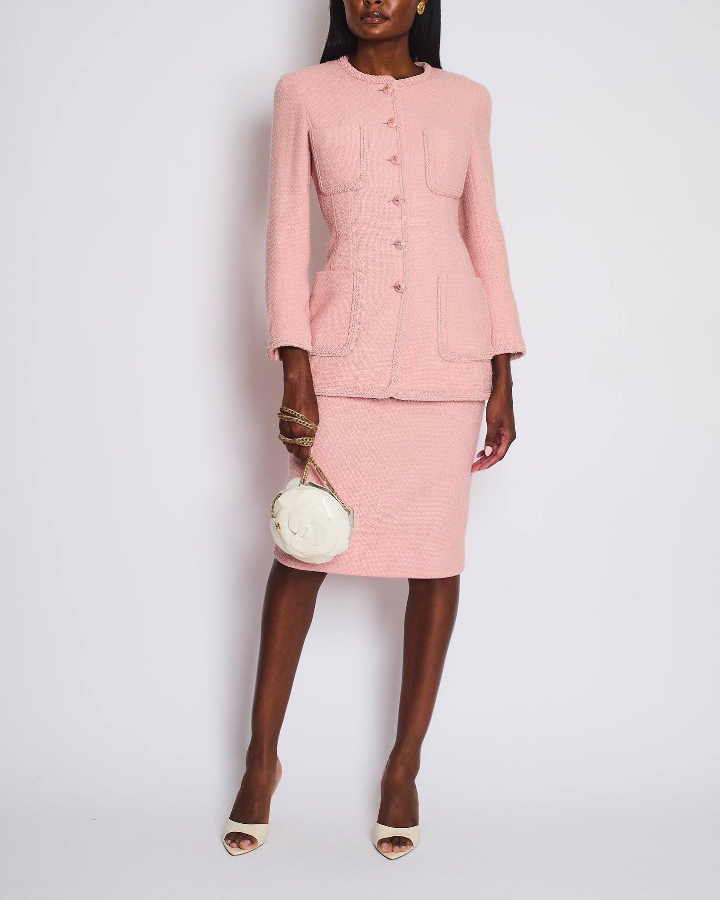 Chanel Pink Tweed Skirt and Jacket Set with Logo Buttons and Pocket Detail FR 38 (UK 10)