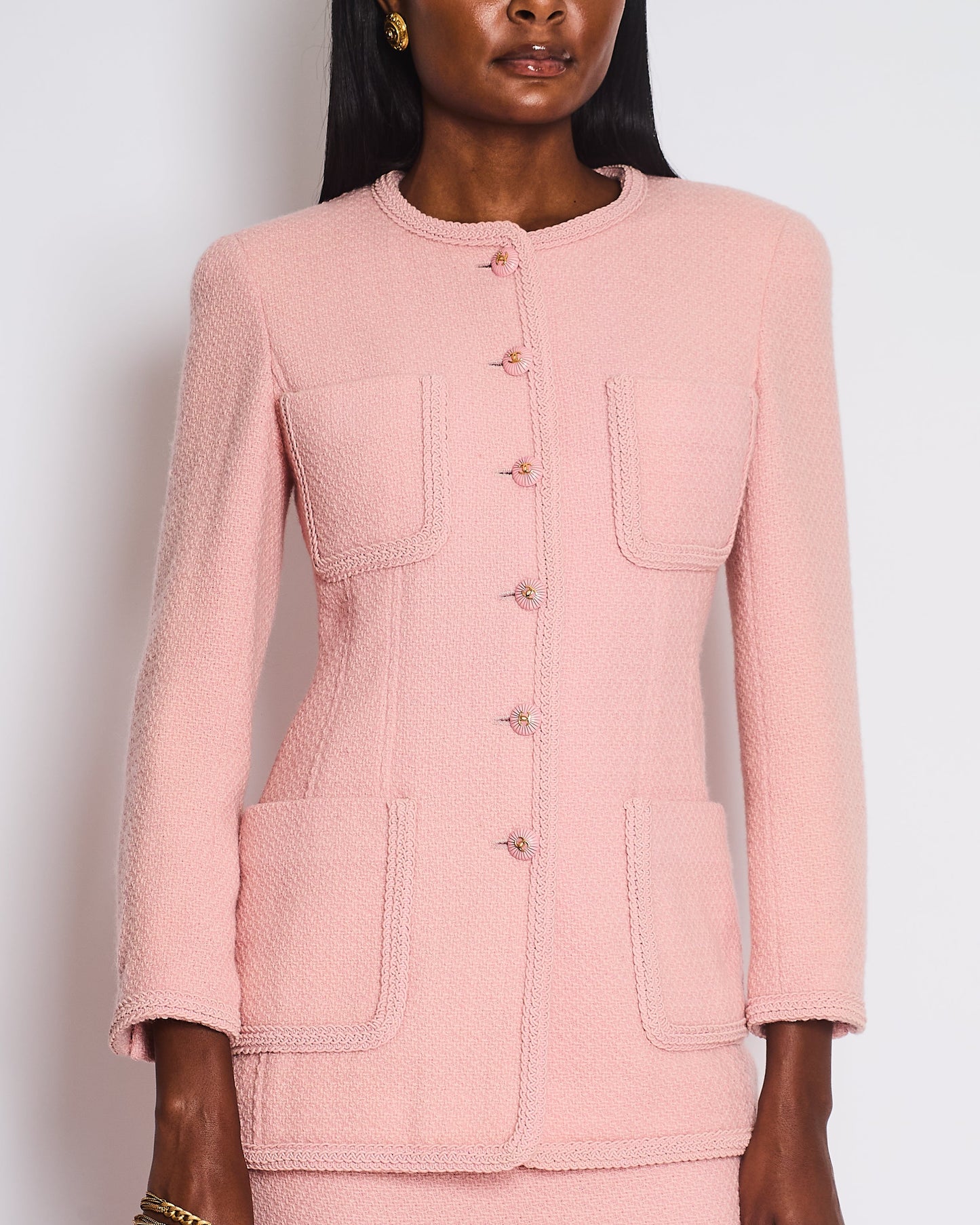 Chanel Pink Tweed Skirt and Jacket Set with Logo Buttons and Pocket Detail FR 38 (UK 10)