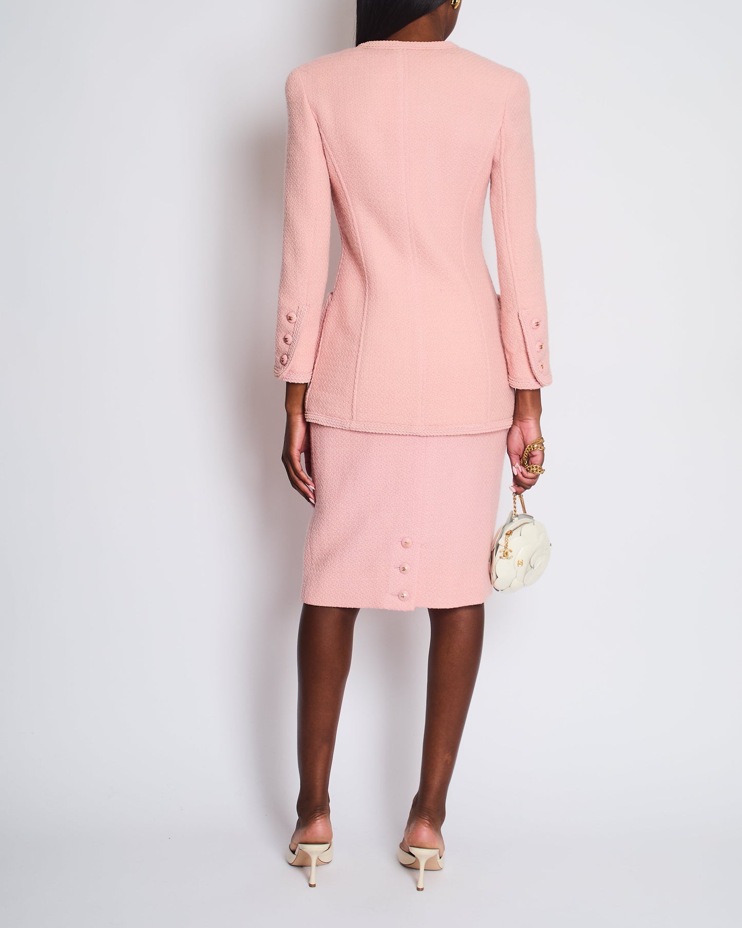 Chanel Pink Tweed Skirt and Jacket Set with Logo Buttons and Pocket Detail FR 38 (UK 10)