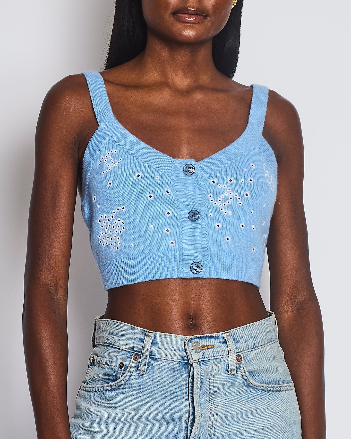 Chanel S/S 2023 Sky Blue Knitted Cropped Top with CC Logo & Shamrock Embroidery Details Size FR 38 (UK 10) Accessory