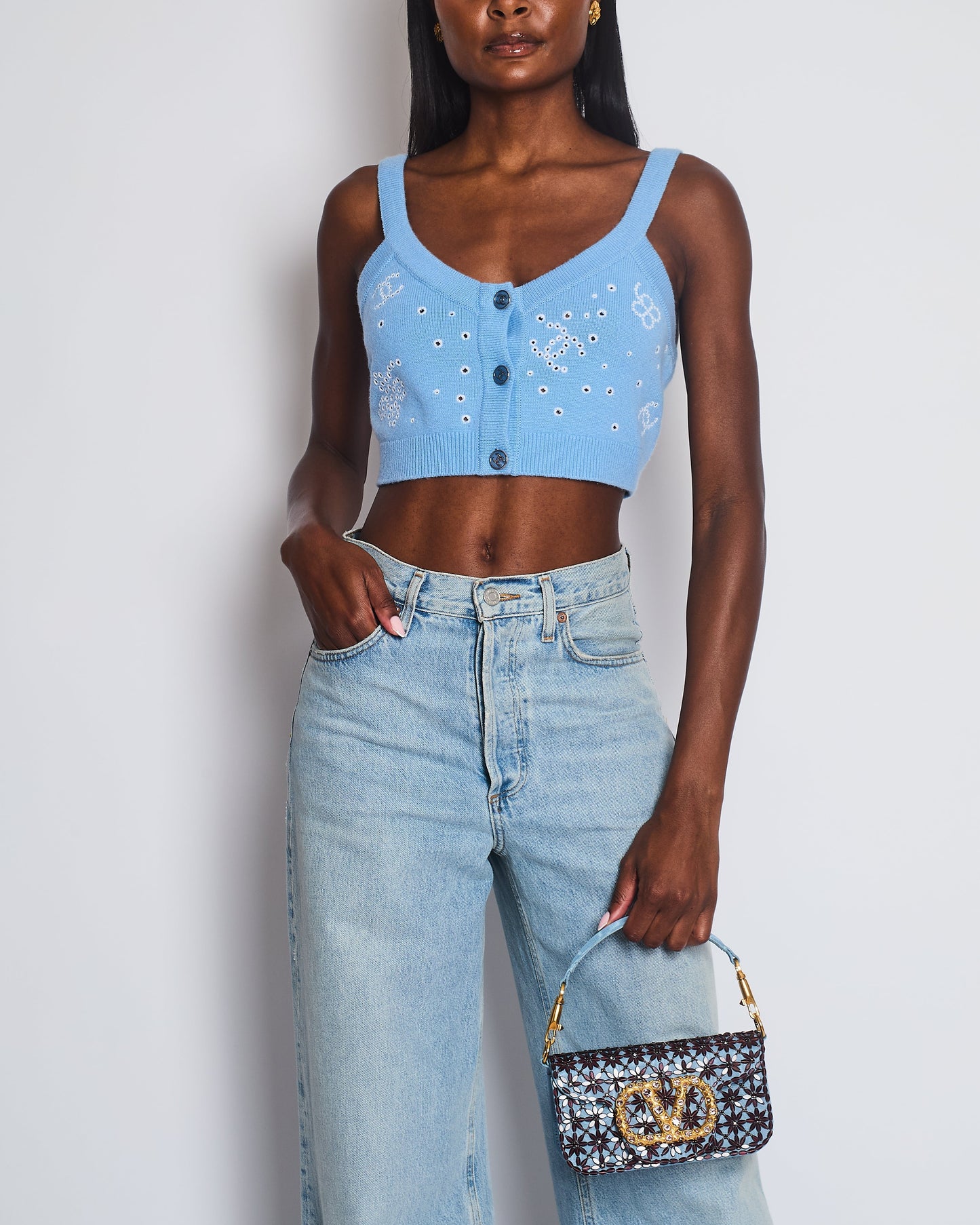 Chanel S/S 2023 Sky Blue Knitted Cropped Top with CC Logo & Shamrock Embroidery Details Size FR 38 (UK 10) Accessory