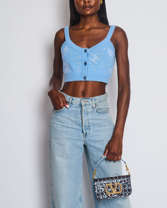 Chanel S/S 2023 Sky Blue Knitted Cropped Top with CC Logo & Shamrock Embroidery Details Size FR 38 (UK 10) Accessory