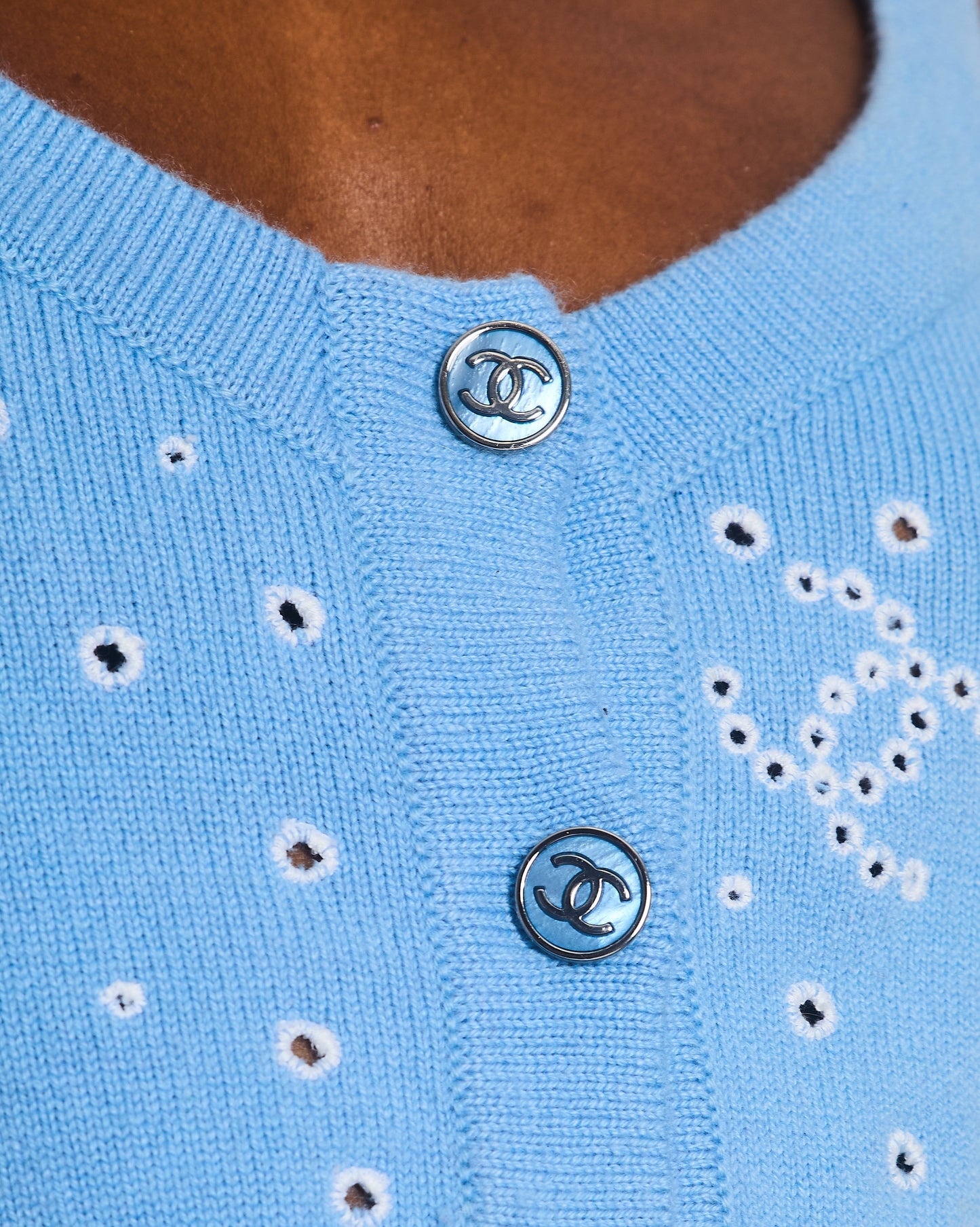 Chanel S/S 2023 Sky Blue Knitted Cropped Top with CC Logo & Shamrock Embroidery Details Size FR 38 (UK 10) Accessory