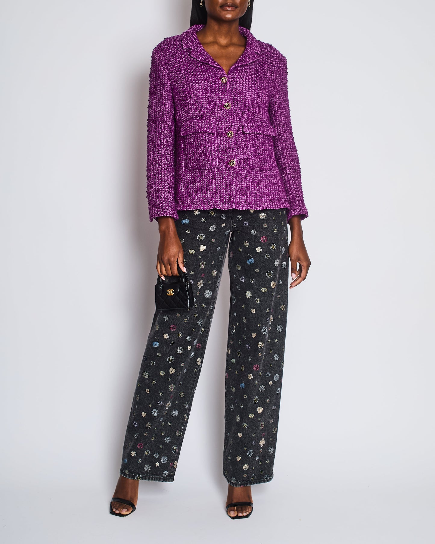 Chanel Purple Tweed Blazer with CC Buttons and Pockets Detail Size FR 44 (UK 16) Accessory