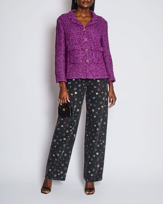 Chanel Purple Tweed Blazer with CC Buttons and Pockets Detail Size FR 44 (UK 16) Accessory