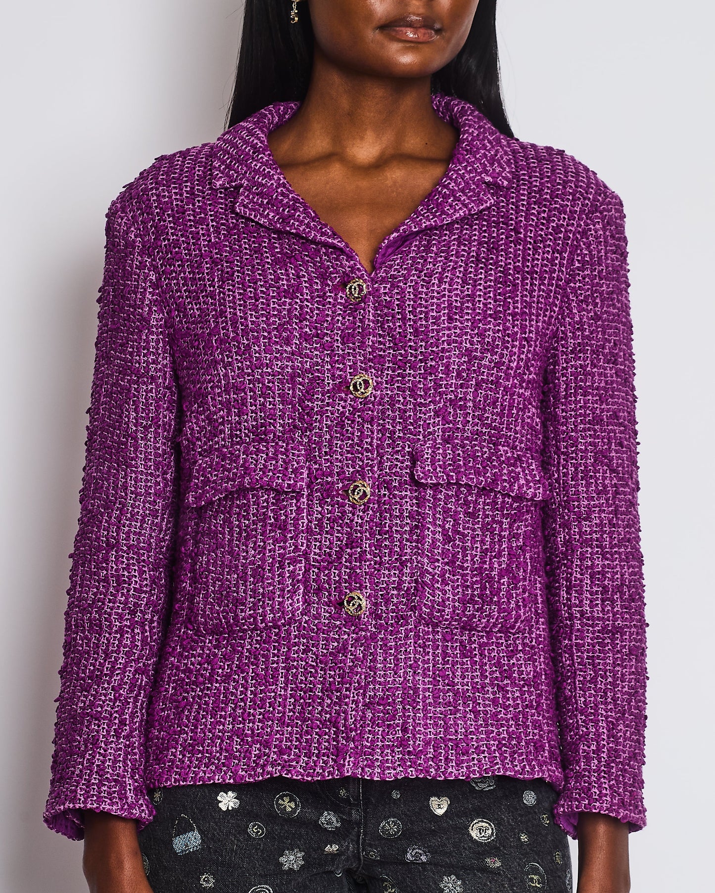 Chanel Purple Tweed Blazer with CC Buttons and Pockets Detail Size FR 44 (UK 16) Accessory