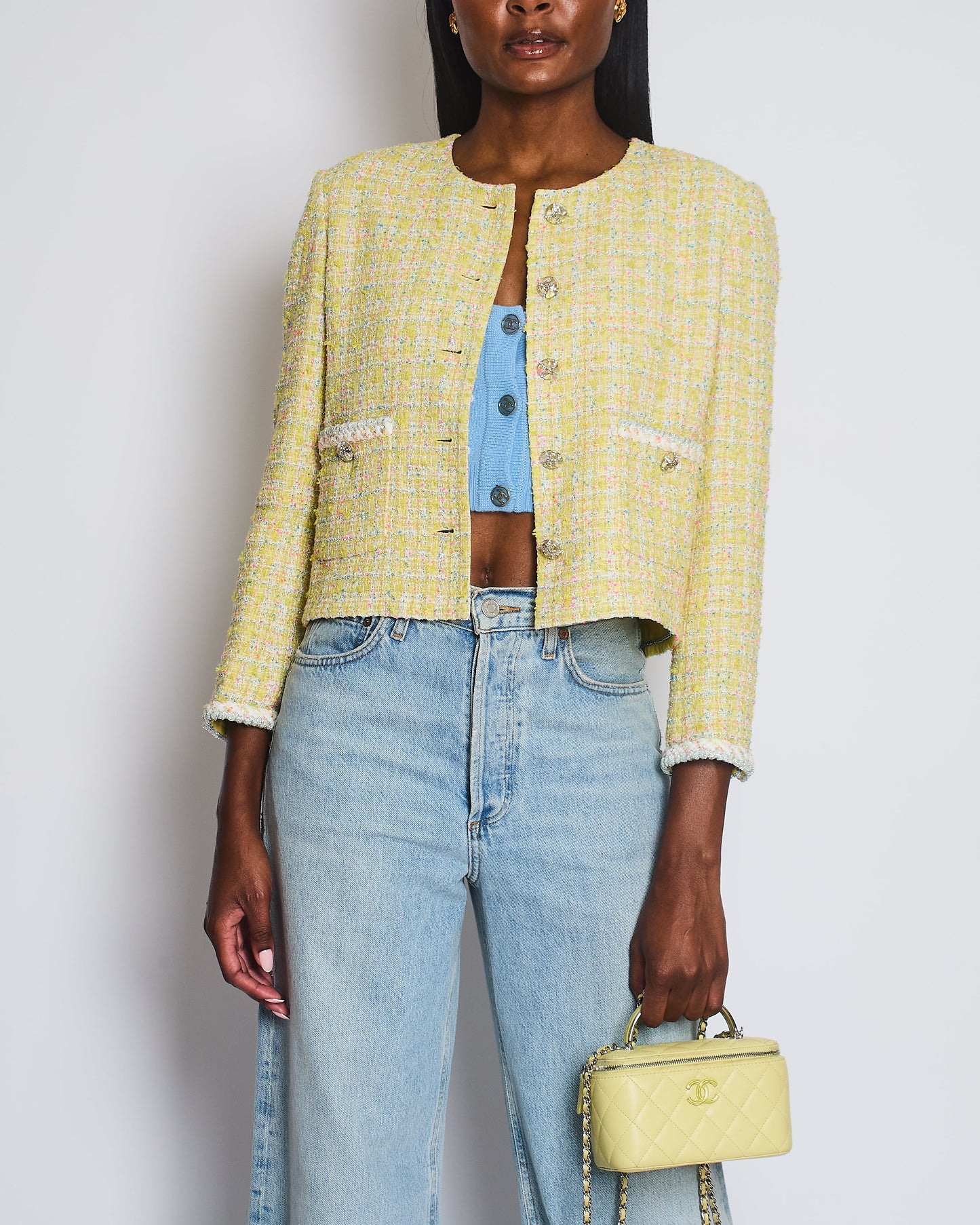 Chanel Yellow White Pink and Blue Metallic Tweed Check Collarless Jacket with Crystal CC Buttons Size FR 36 (UK 8) RRP £6,500