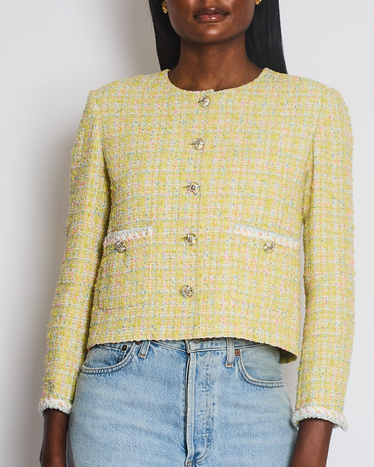Chanel Yellow White Pink and Blue Metallic Tweed Check Collarless Jacket with Crystal CC Buttons Size FR 36 (UK 8) RRP £6,500