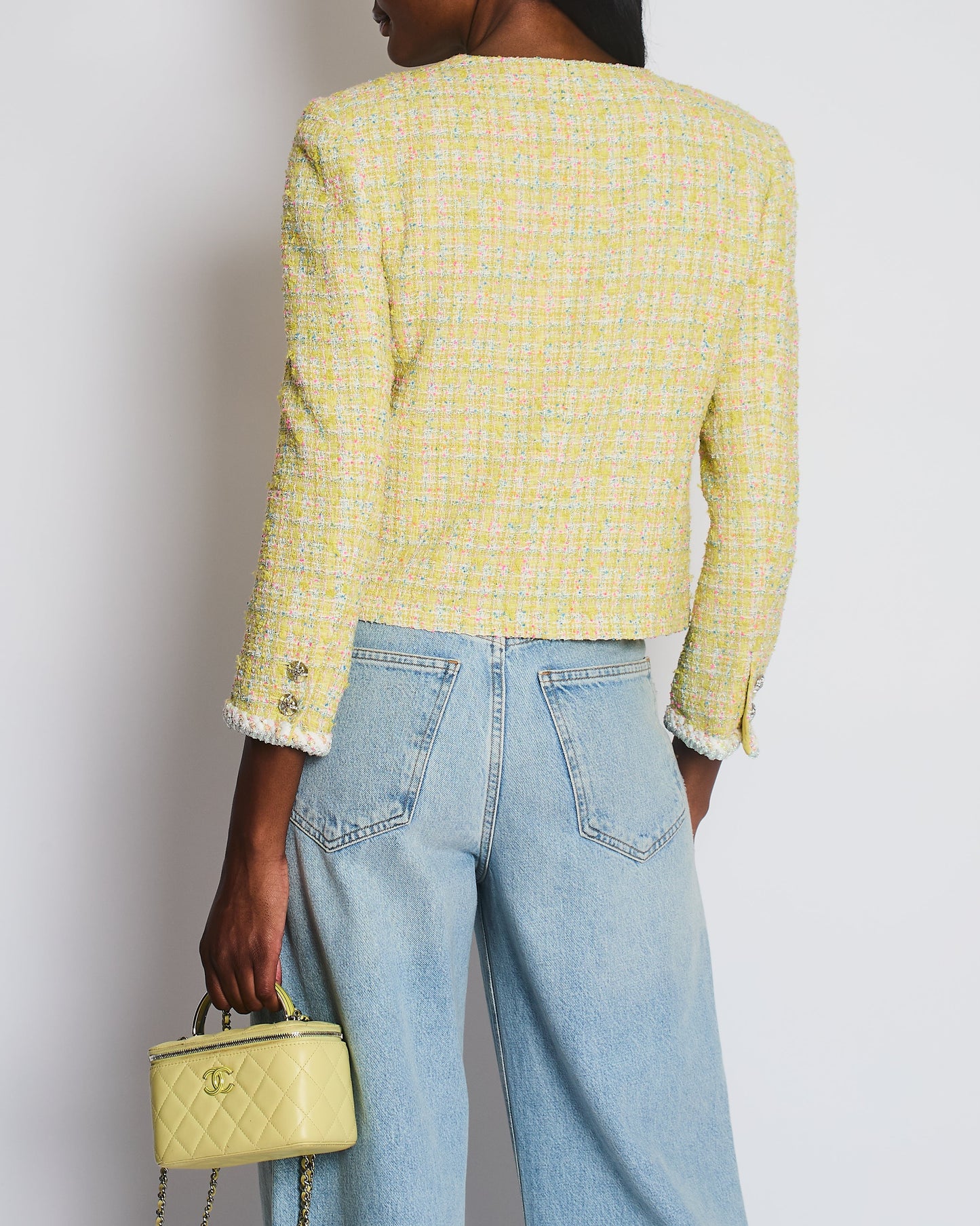 Chanel Yellow White Pink and Blue Metallic Tweed Check Collarless Jacket with Crystal CC Buttons Size FR 36 (UK 8) RRP £6,500
