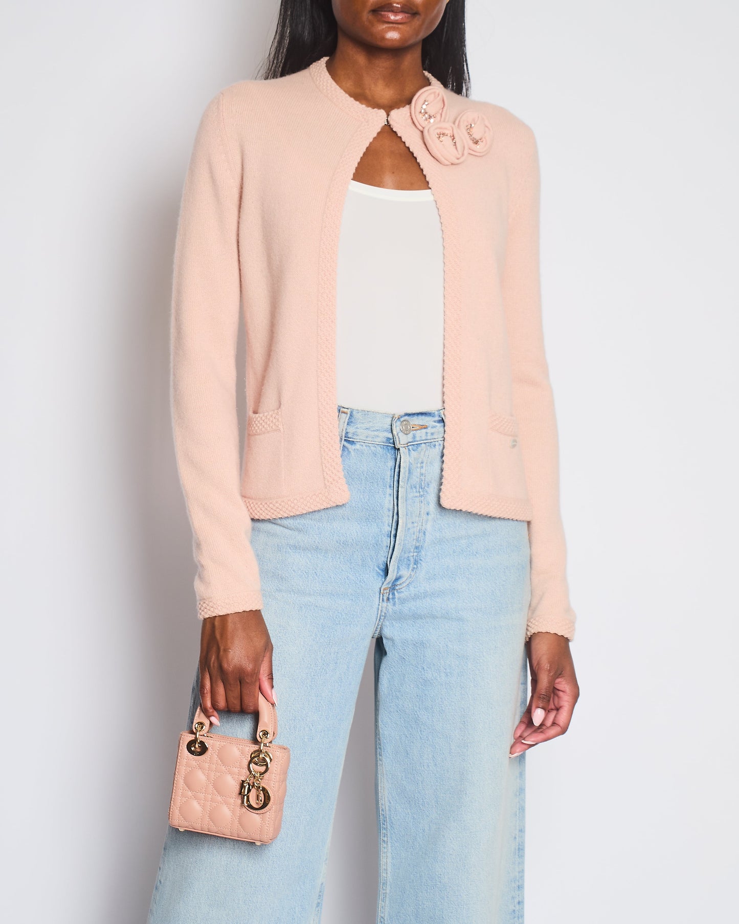 Chanel 05/S Pink Cashmere Cardigan with Floral Crystals Size FR 38 (UK 10) Apparel
