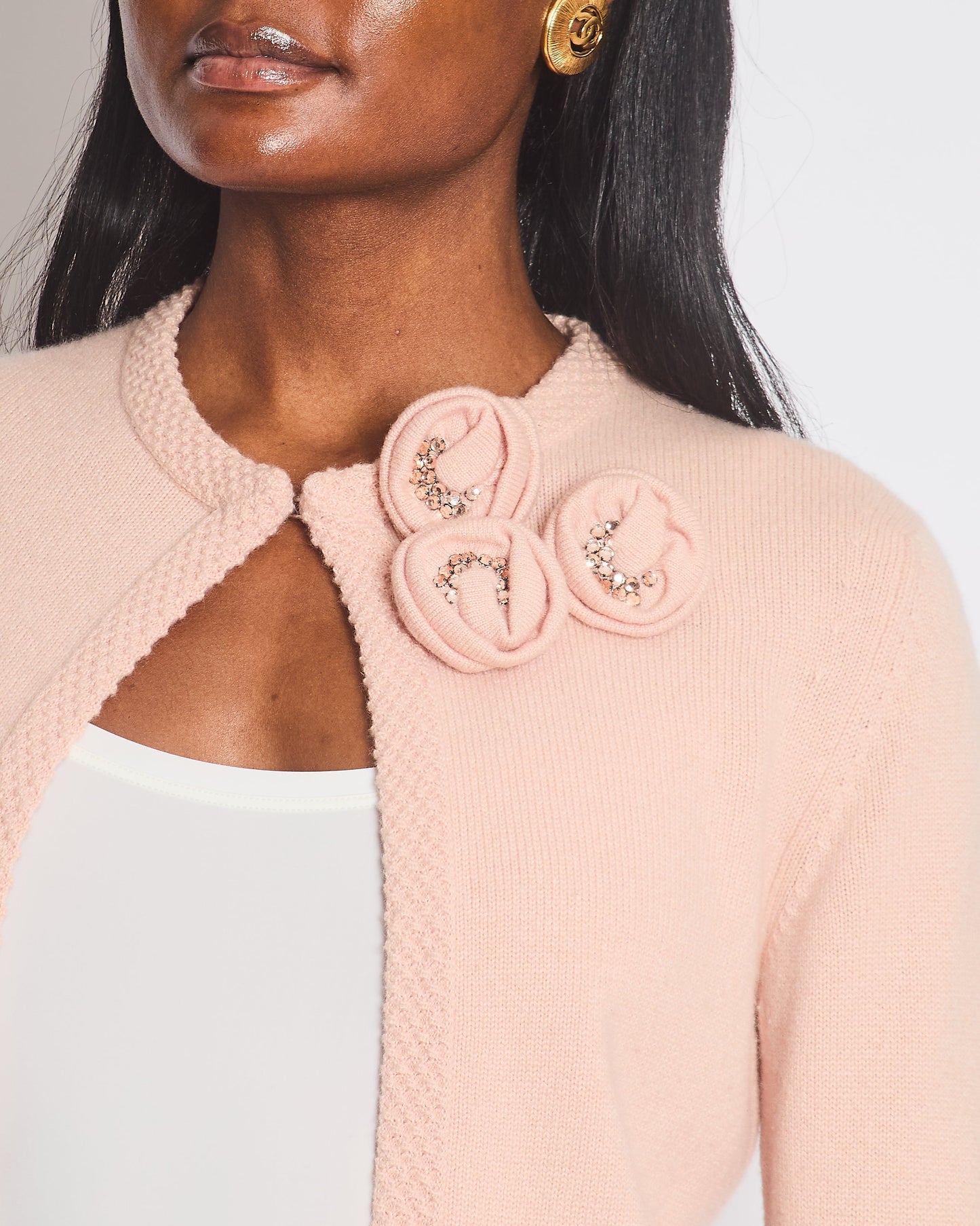 Chanel 05/S Pink Cashmere Cardigan with Floral Crystals Size FR 38 (UK 10) Apparel