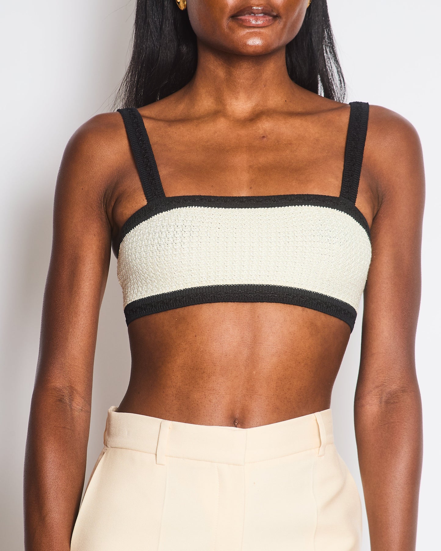 Chanel Cream Black Tweed Bralette Top with Black CC Buttons Detail Size FR 34 (UK 6) Accessory