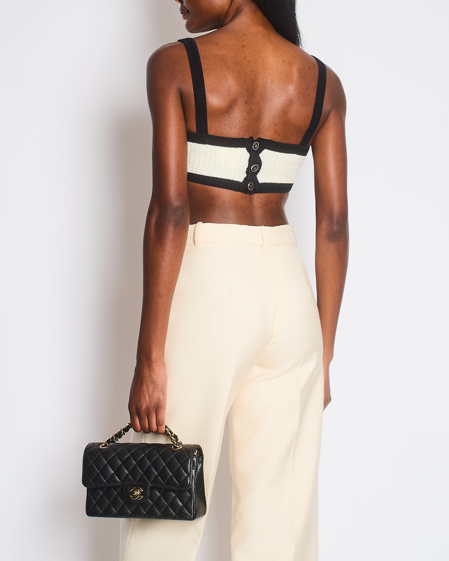 Chanel Cream Black Tweed Bralette Top with Black CC Buttons Detail Size FR 34 (UK 6) Accessory