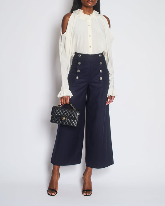 Chanel Navy Wool High Waisted Culottes with Button Detail Size FR 34 (UK 6) Accessory