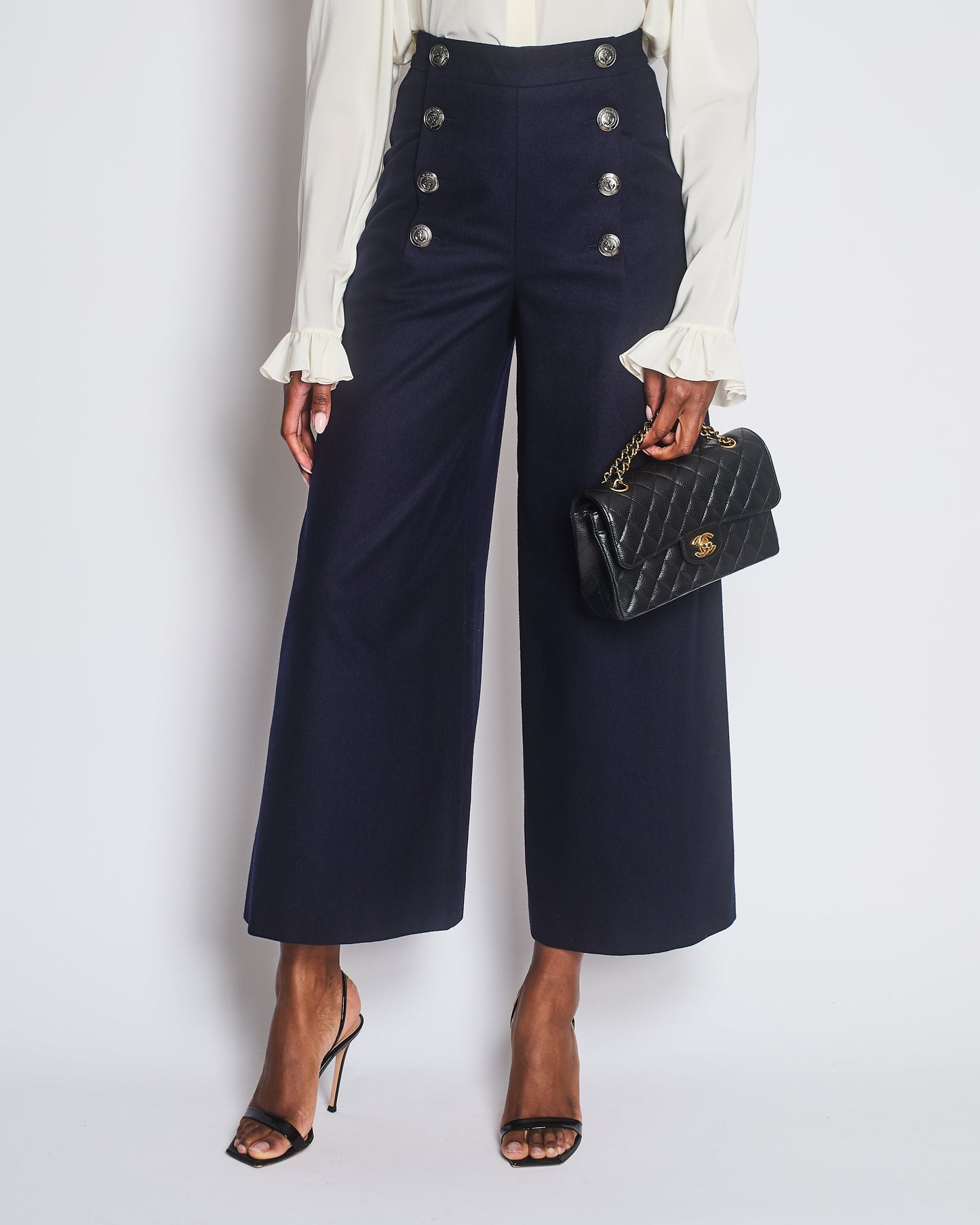 Chanel Navy Wool High Waisted Culottes with Button Detail Size FR 34 (UK 6) Accessory
