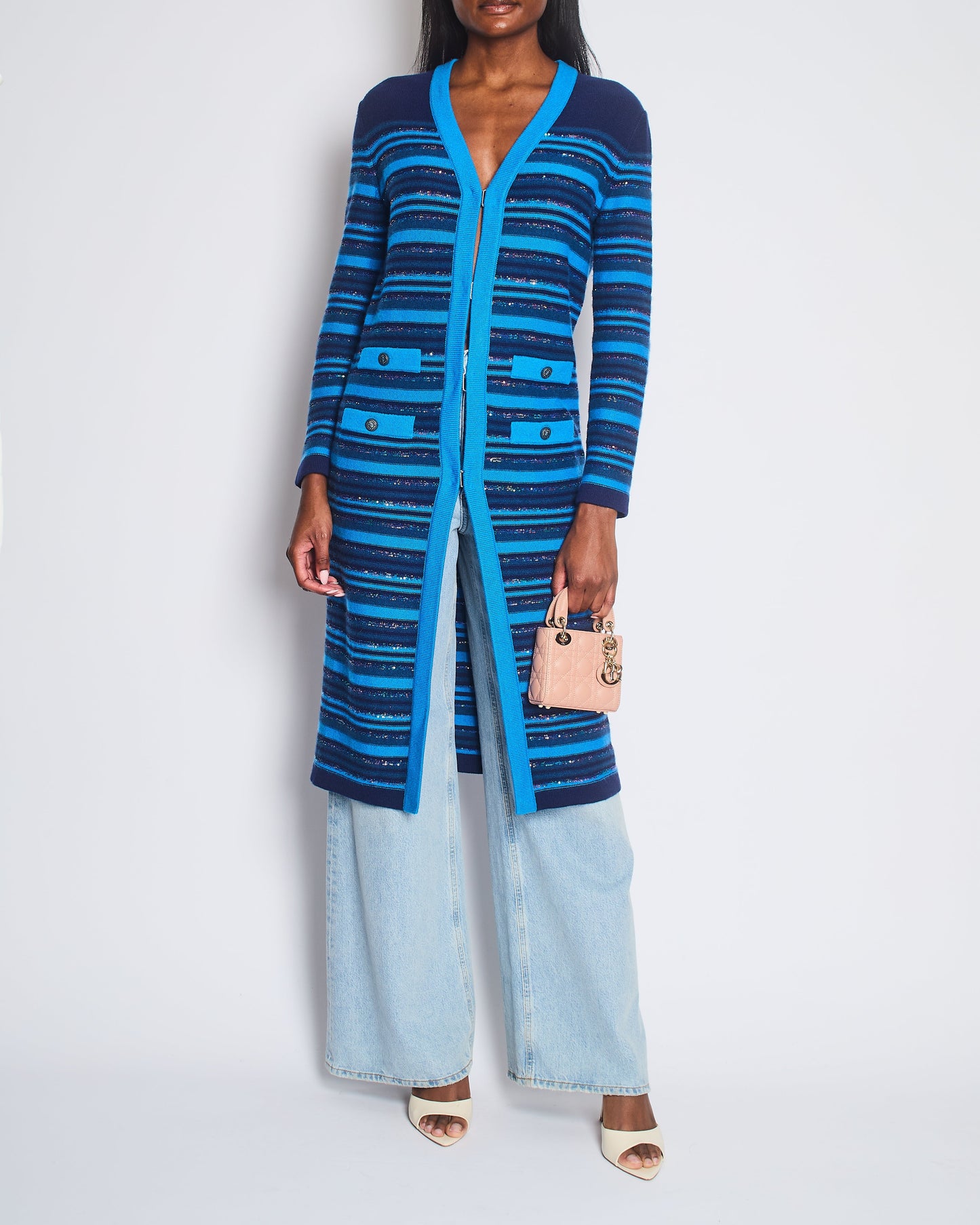 Chanel Blue and Navy Cashmere Striped Long Cardigan with Multicolour Sequins Detail and Silver Camelia CC Buttons Size FR 36 (UK 8) Apparel