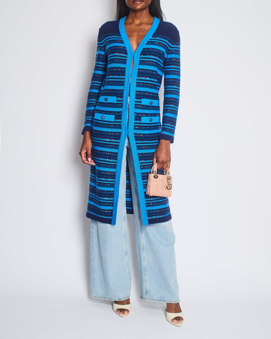 Chanel Blue and Navy Cashmere Striped Long Cardigan with Multicolour Sequins Detail and Silver Camelia CC Buttons Size FR 36 (UK 8) Apparel