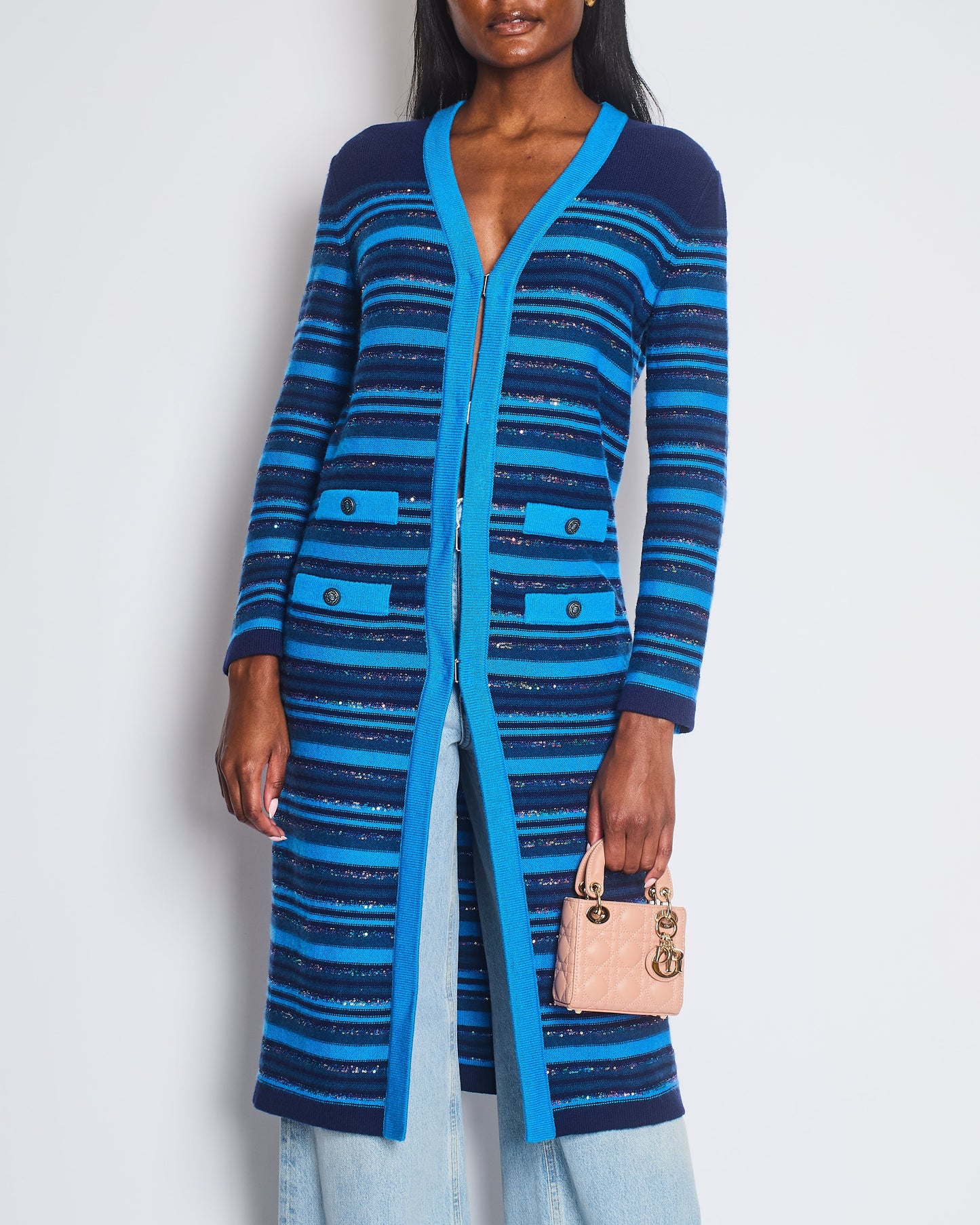Chanel Blue and Navy Cashmere Striped Long Cardigan with Multicolour Sequins Detail and Silver Camelia CC Buttons Size FR 36 (UK 8) Apparel