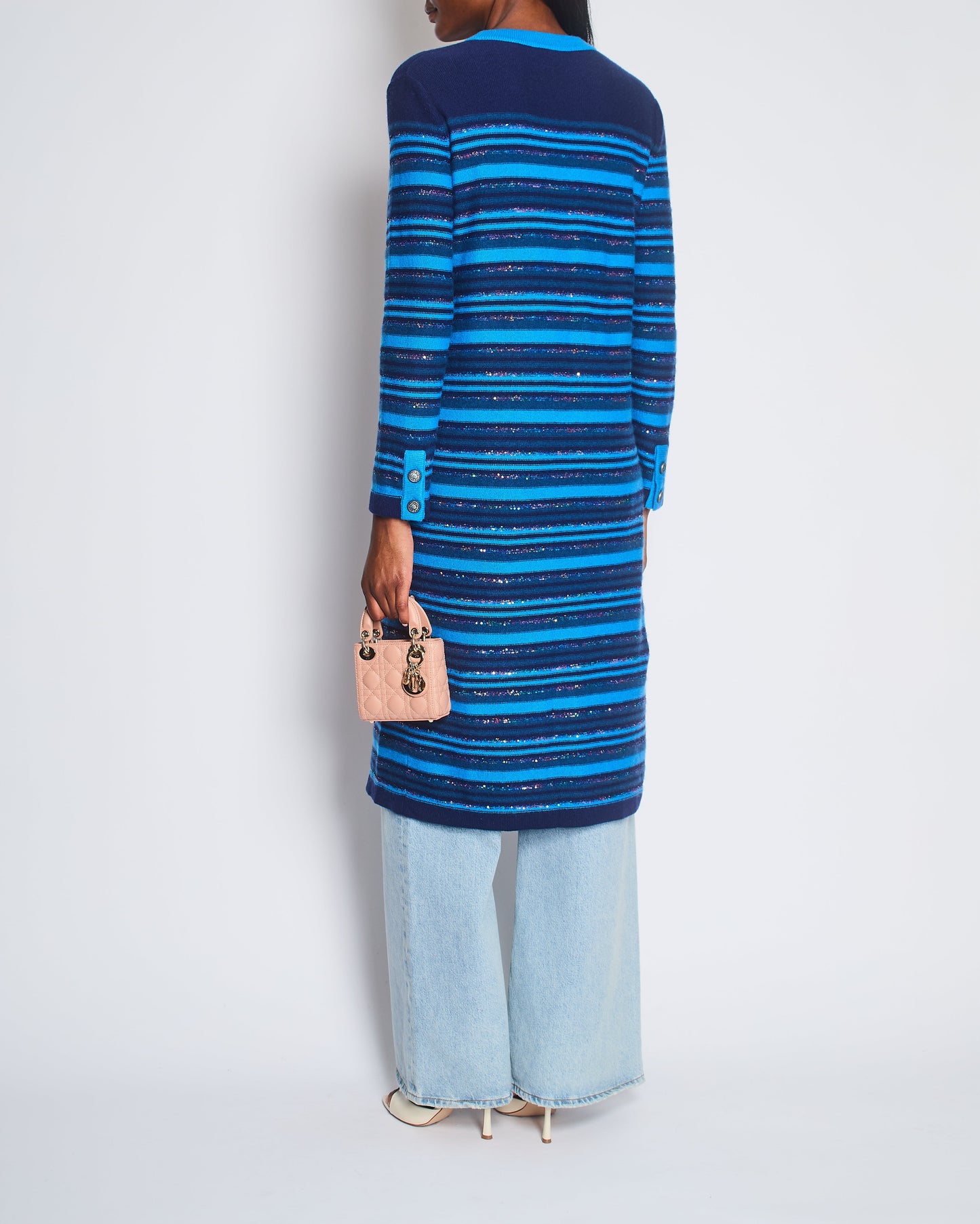 Chanel Blue and Navy Cashmere Striped Long Cardigan with Multicolour Sequins Detail and Silver Camelia CC Buttons Size FR 36 (UK 8) Apparel