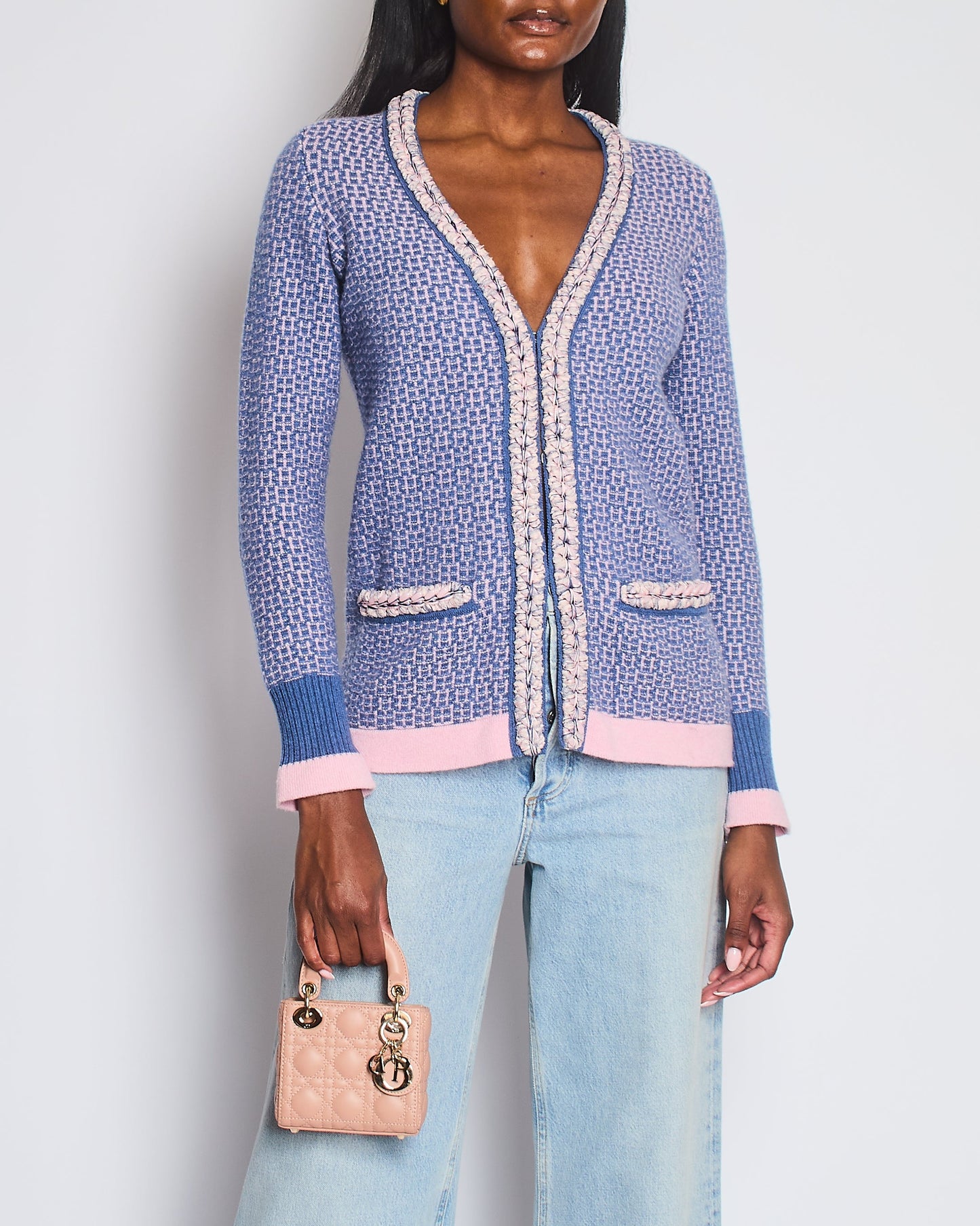 Chanel 11/C Blue and Pink Cashmere Knitted Cardigan with Braided Trim Detail Size FR 36 (UK 8) Apparel