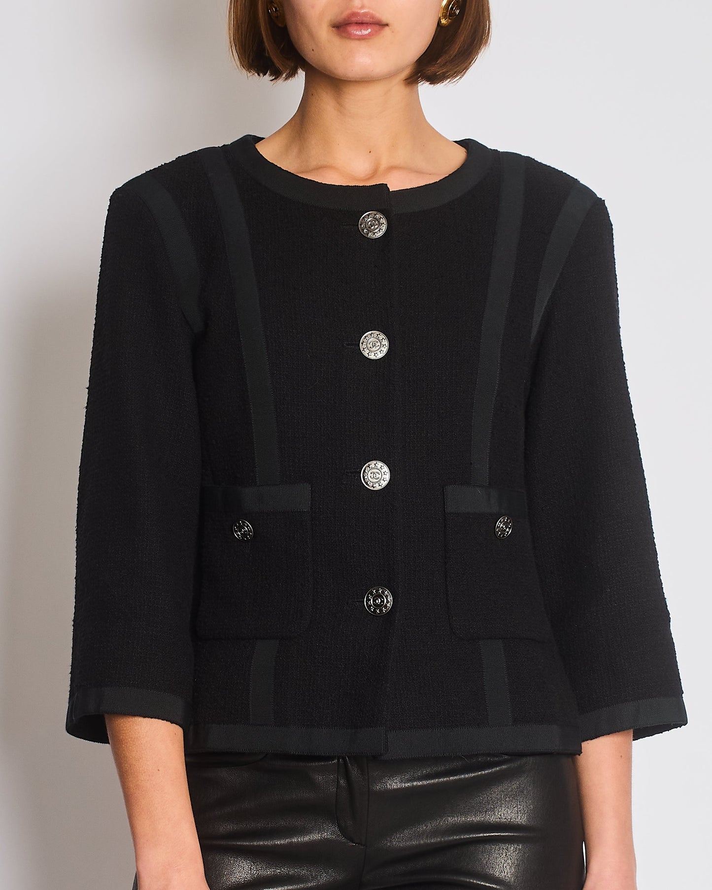 Chanel 13/P Black Tweed Jacket with Ribbed Fabric Trim Details and Silver CC Logo Star Buttons Size FR 38 (UK 10)