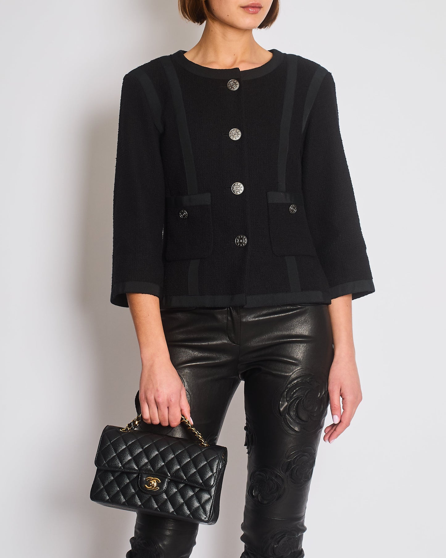 Chanel 13/P Black Tweed Jacket with Ribbed Fabric Trim Details and Silver CC Logo Star Buttons Size FR 38 (UK 10)