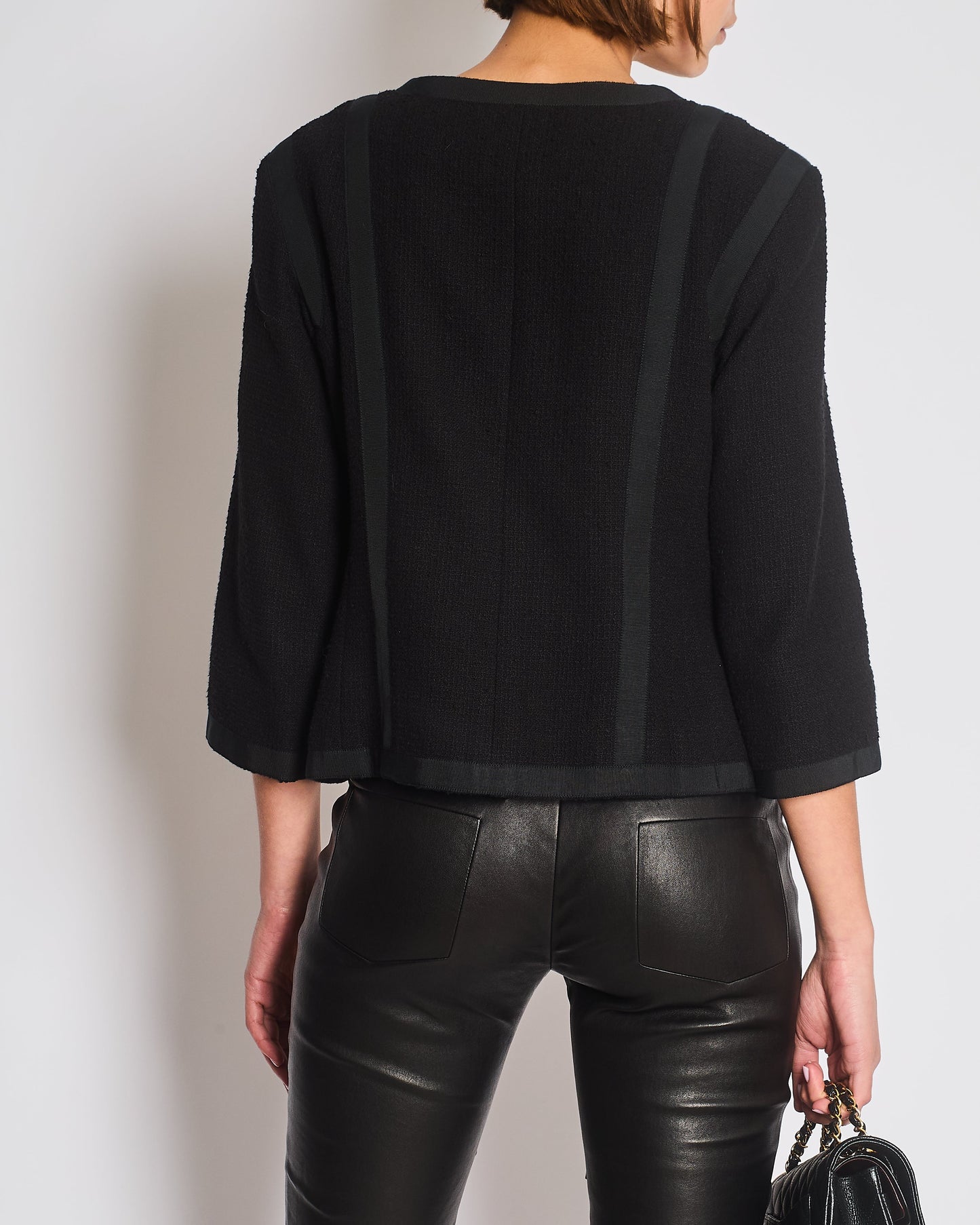 Chanel 13/P Black Tweed Jacket with Ribbed Fabric Trim Details and Silver CC Logo Star Buttons Size FR 38 (UK 10)