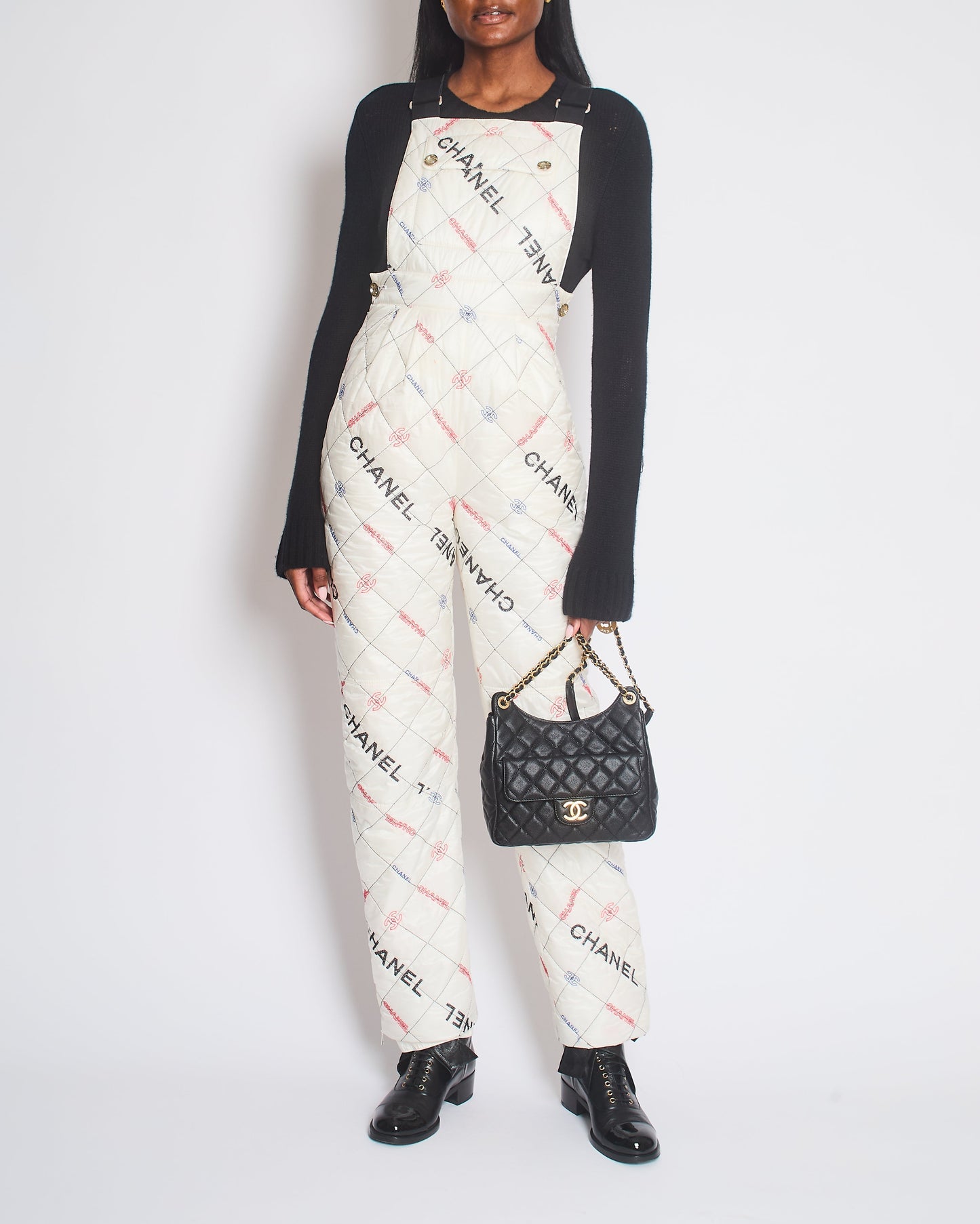 Chanel Fall 2021 White Quilted Ski Jumpsuit with Crystal Logo Details Size FR 34 (UK 6) Accessory