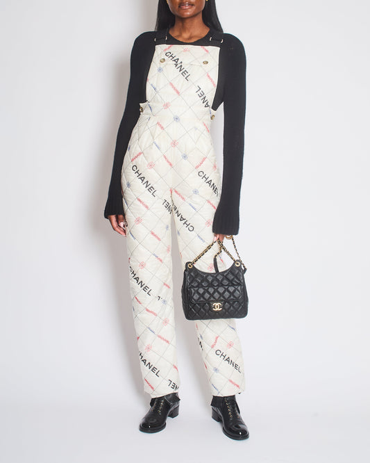 Chanel Fall 2021 White Quilted Ski Jumpsuit with Crystal Logo Details Size FR 34 (UK 6) Accessory