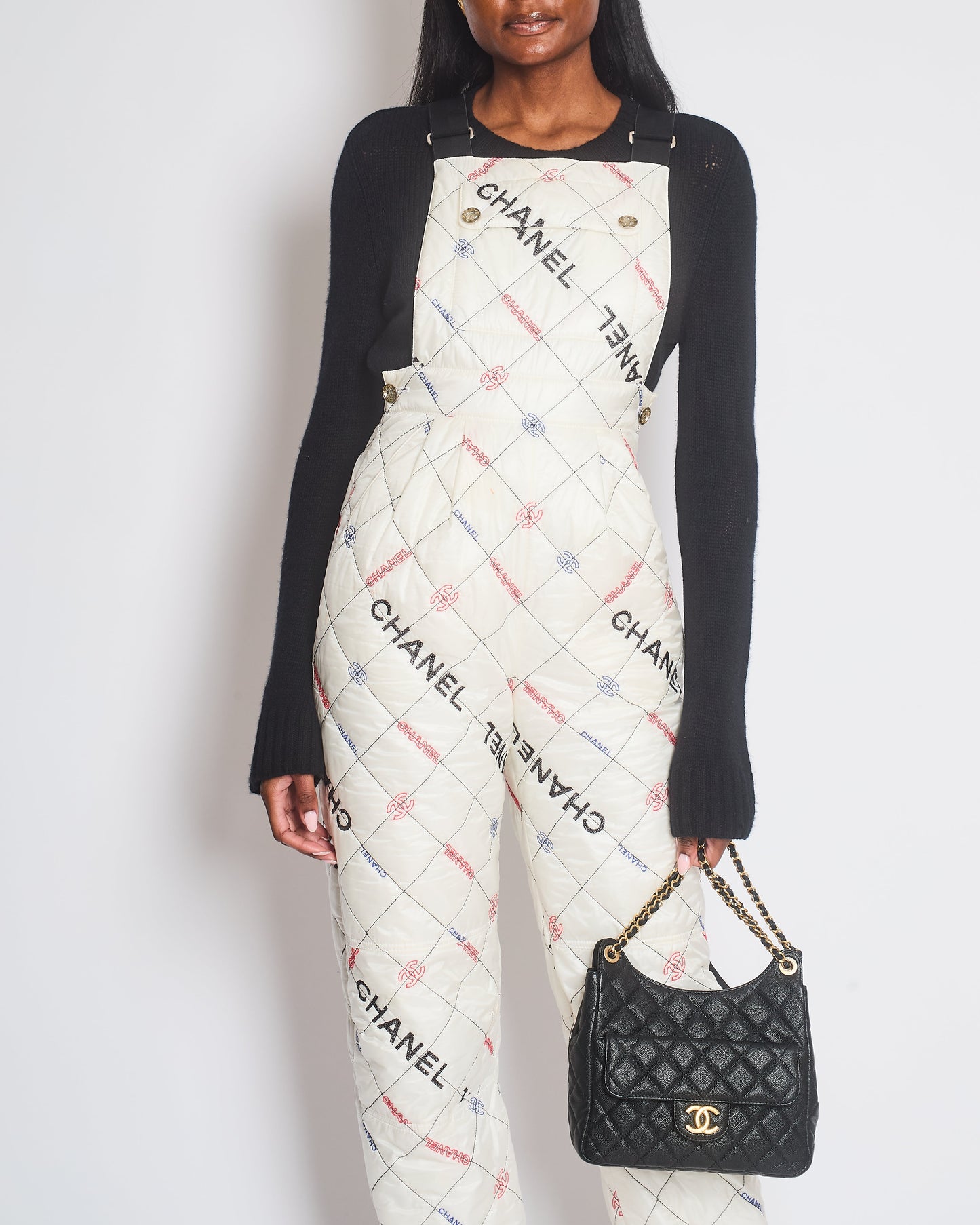 Chanel Fall 2021 White Quilted Ski Jumpsuit with Crystal Logo Details Size FR 34 (UK 6) Accessory