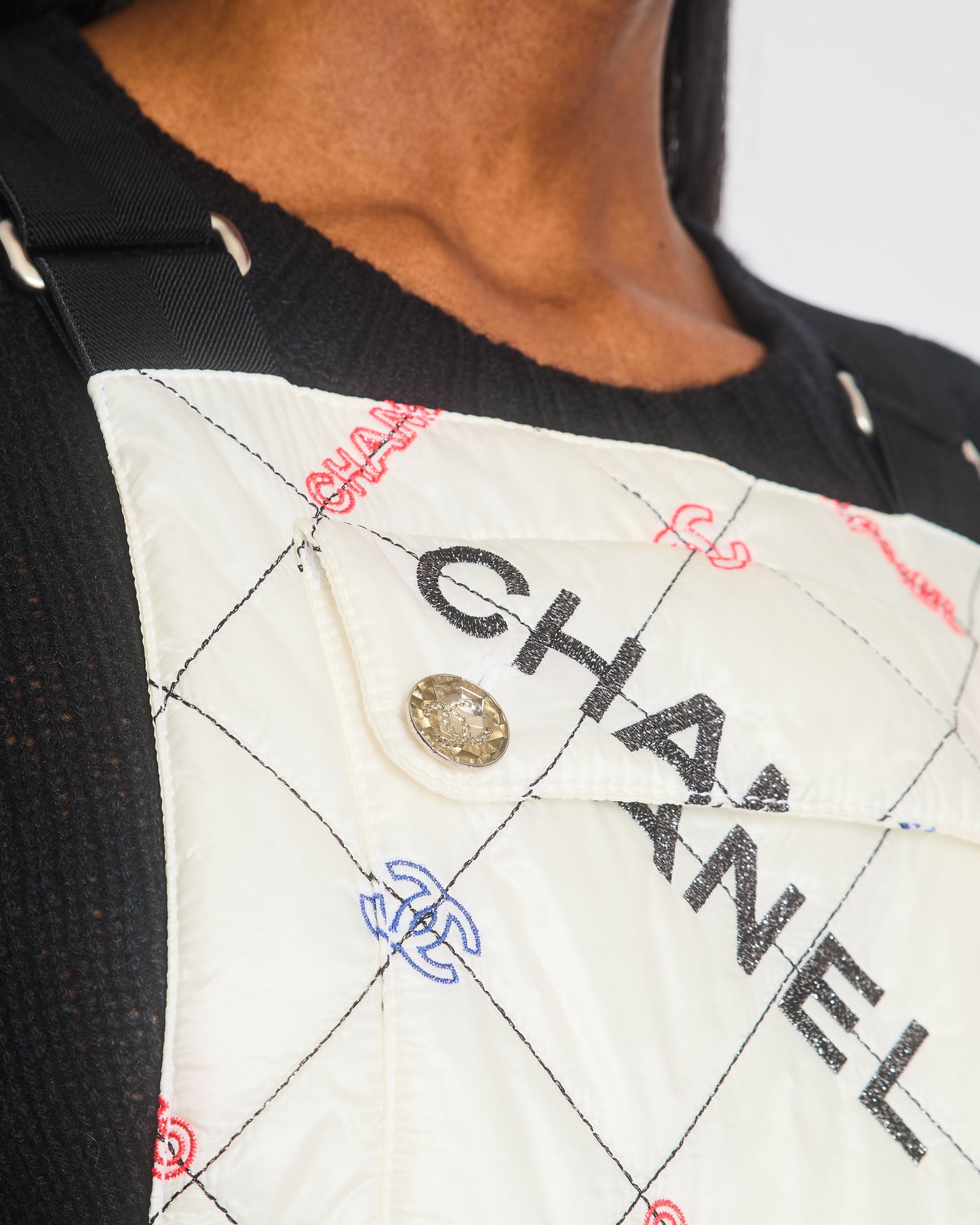 Chanel Fall 2021 White Quilted Ski Jumpsuit with Crystal Logo Details Size FR 34 (UK 6) Accessory