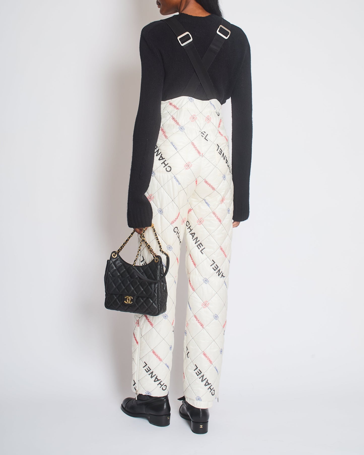 Chanel Fall 2021 White Quilted Ski Jumpsuit with Crystal Logo Details Size FR 34 (UK 6) Accessory