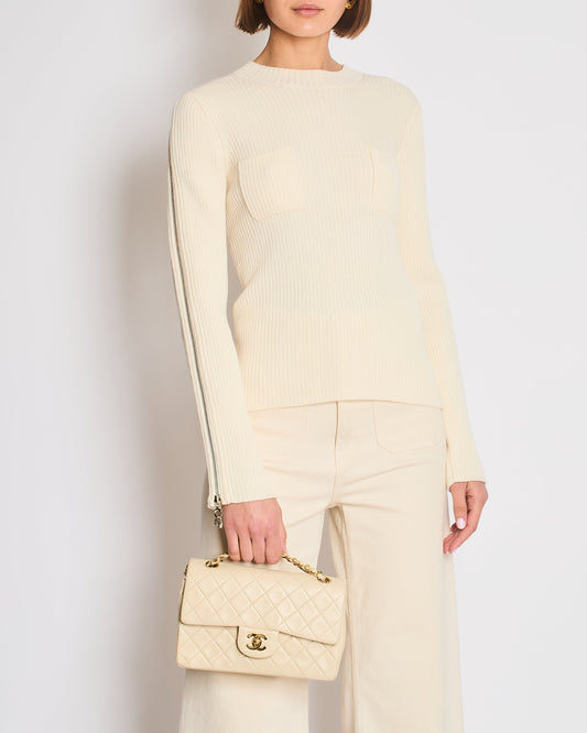 Chanel Cream Knit Wool Jumper with Gold Charm Sleeve Details Size FR 38 (UK 10)