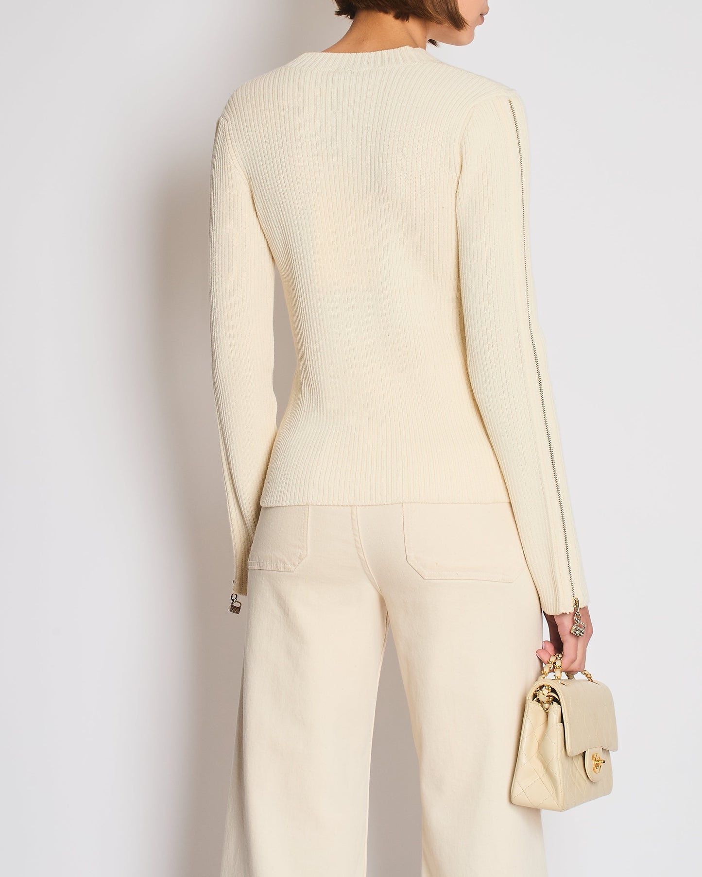 Chanel Cream Knit Wool Jumper with Gold Charm Sleeve Details Size FR 38 (UK 10)