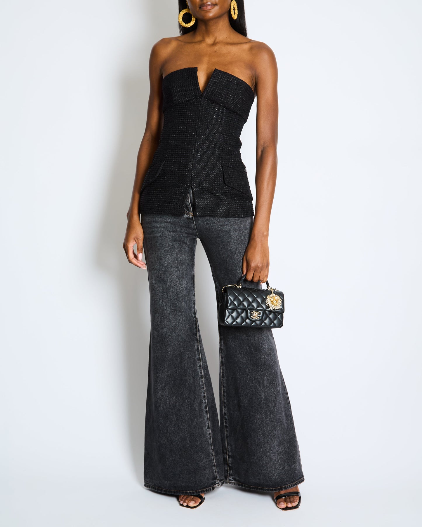 Chanel Black Shimmery Sleeveless Tweed Bustier Top with Silver CC Logo Button Size FR 34 (UK 6) Accessory
