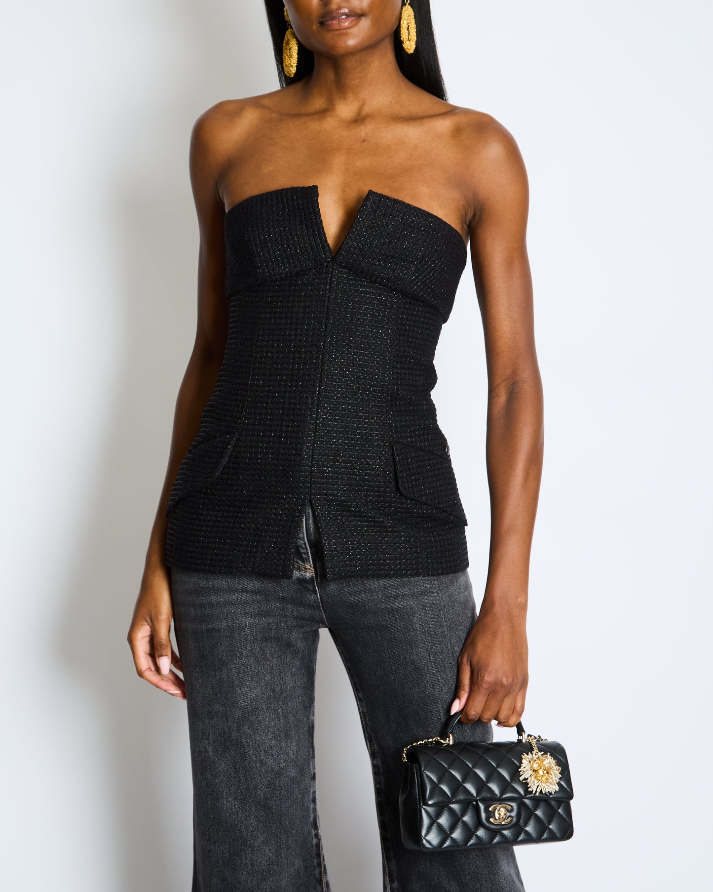 Chanel Black Shimmery Sleeveless Tweed Bustier Top with Silver CC Logo Button Size FR 34 (UK 6) Accessory