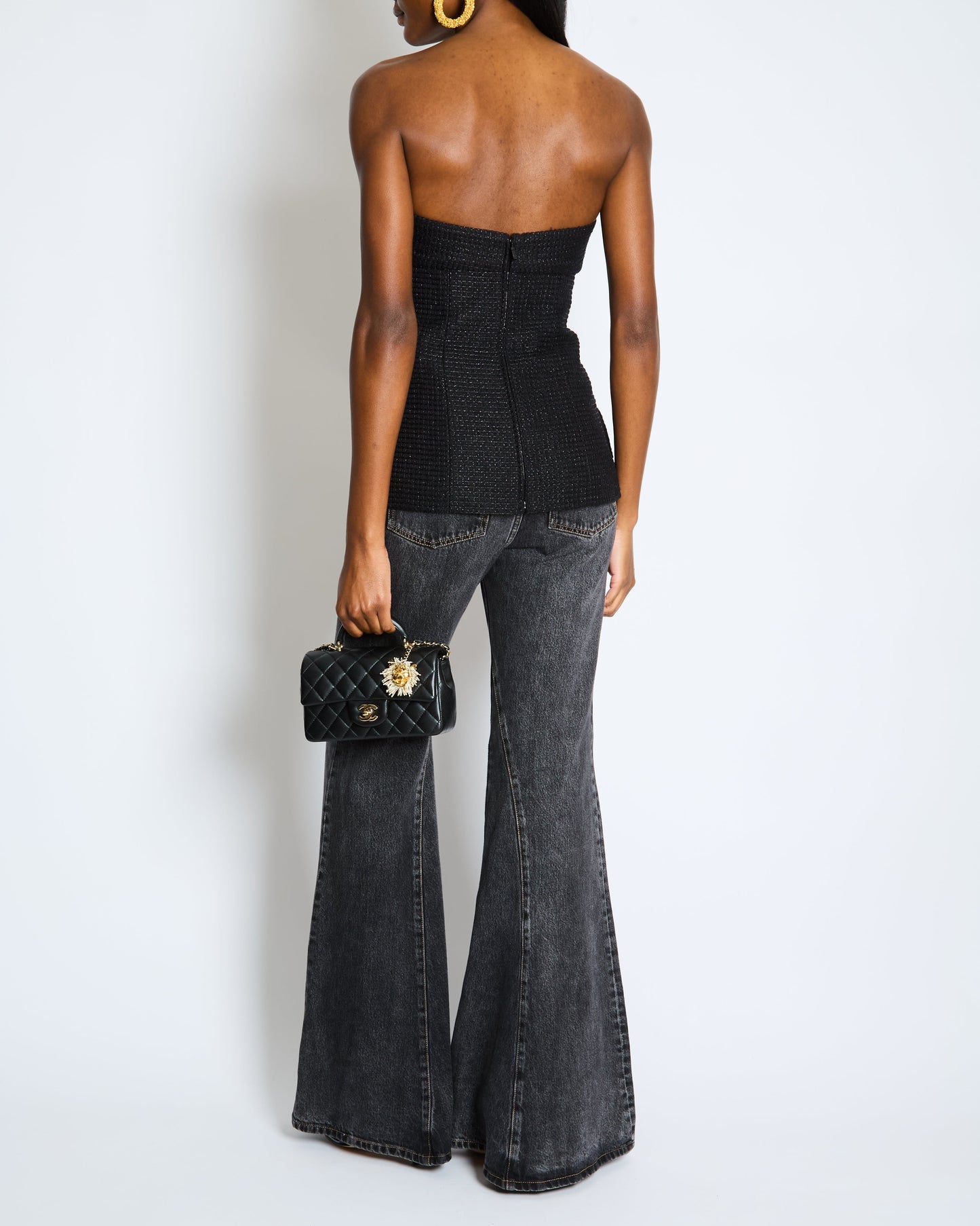 Chanel Black Shimmery Sleeveless Tweed Bustier Top with Silver CC Logo Button Size FR 34 (UK 6) Accessory