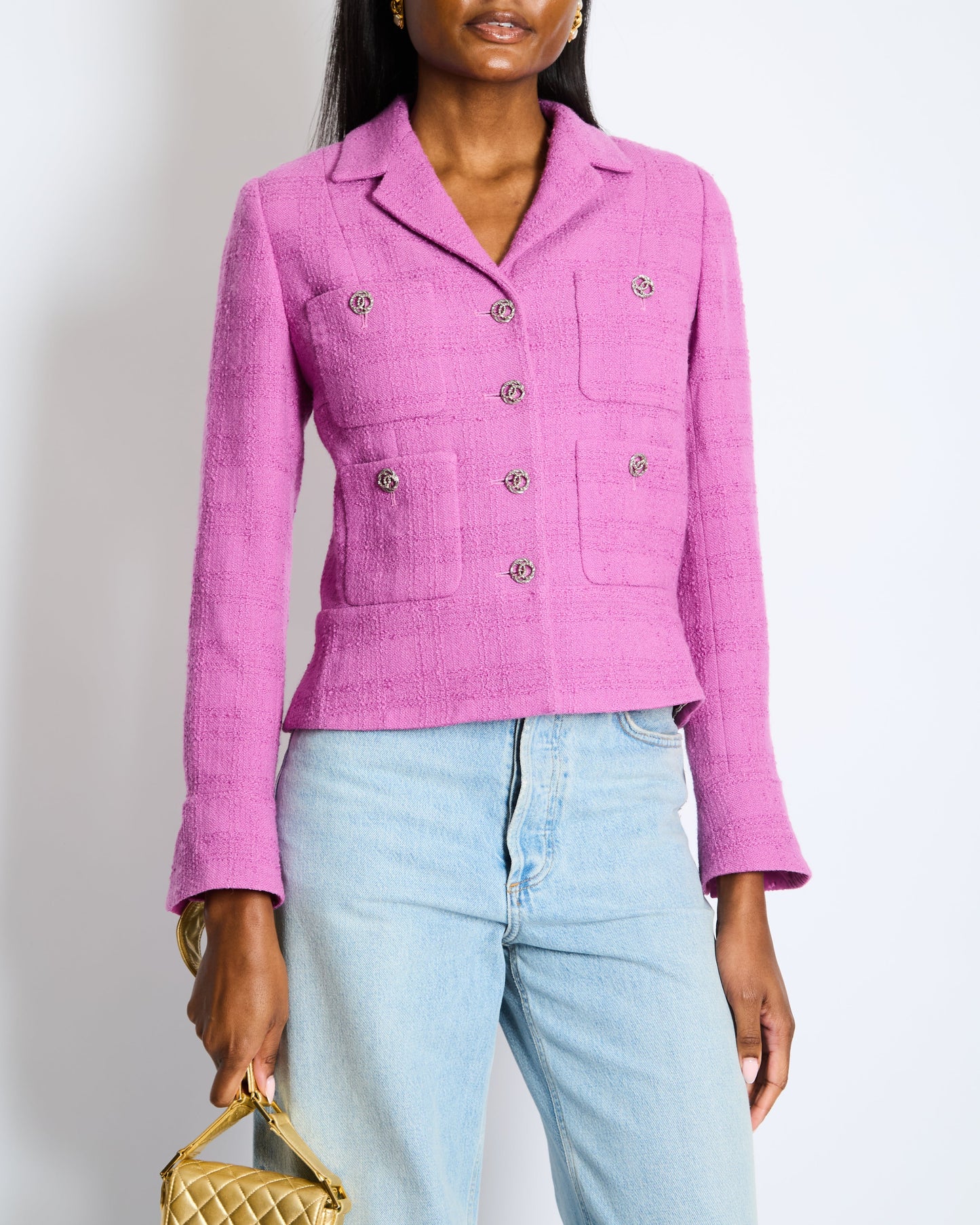 Chanel FW/23 Purple Wool Tweed Jacket with Silver CC Logo Buttons Size FR 36 (UK 8)