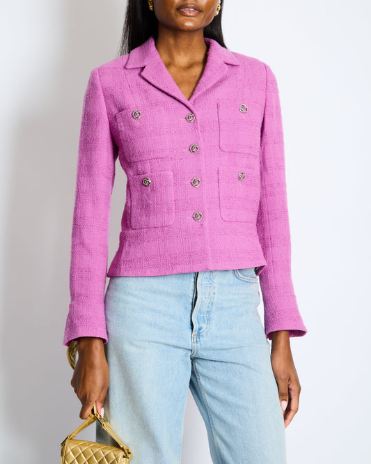 Chanel FW/23 Purple Wool Tweed Jacket with Silver CC Logo Buttons Size FR 36 (UK 8)
