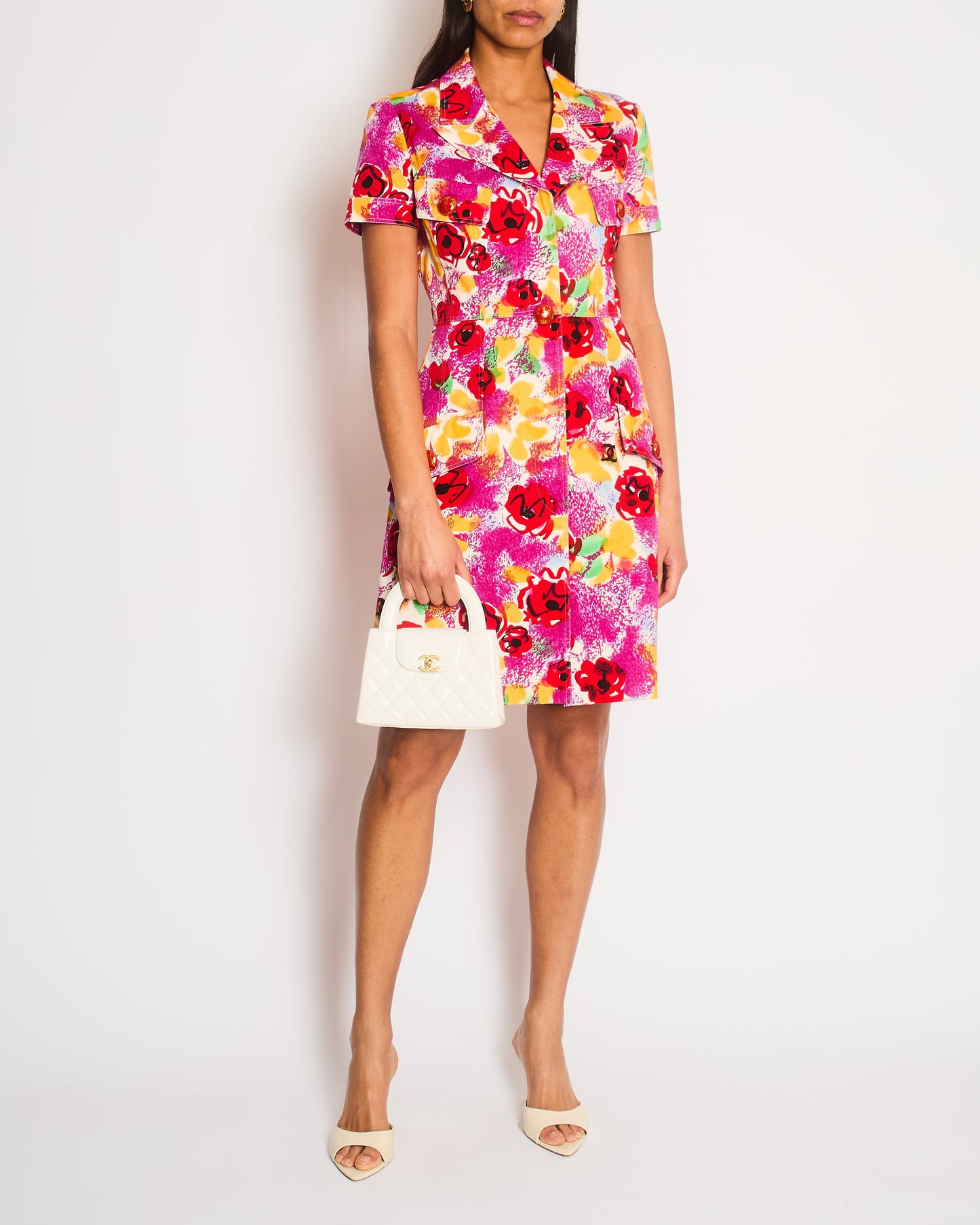 Chanel Pink Multi-Colour Short Sleeved Mini Dress with Camelia Prints and Gold CC Buttons Size FR 40 (UK 12)