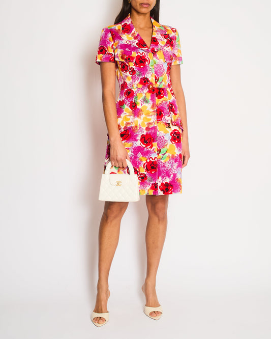 Chanel Pink Multi-Colour Short Sleeved Mini Dress with Camelia Prints and Gold CC Buttons Size FR 40 (UK 12)