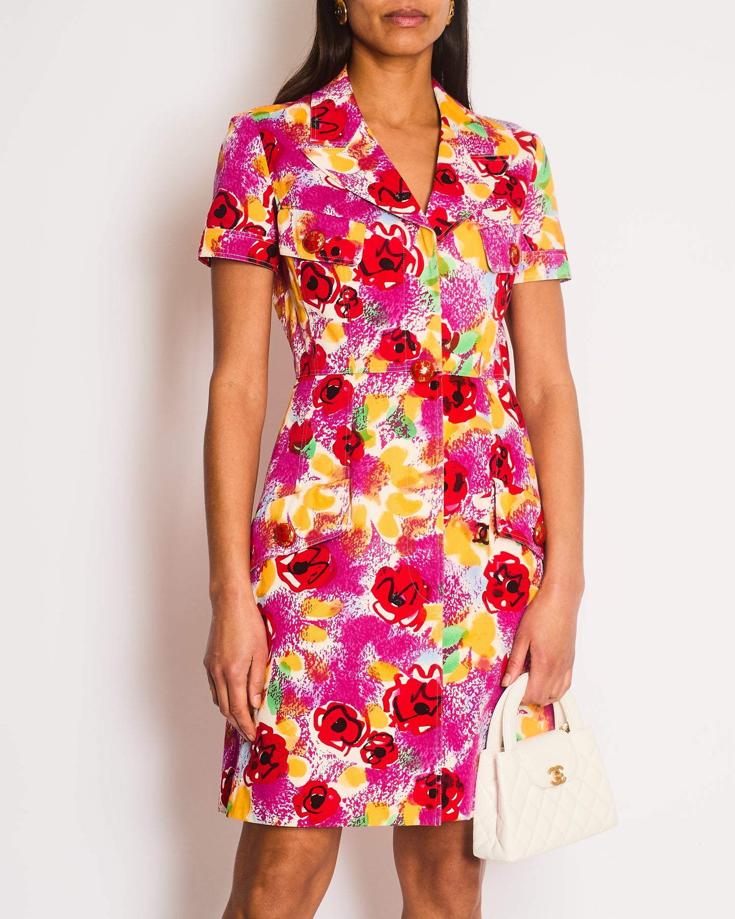Chanel Pink Multi-Colour Short Sleeved Mini Dress with Camelia Prints and Gold CC Buttons Size FR 40 (UK 12)