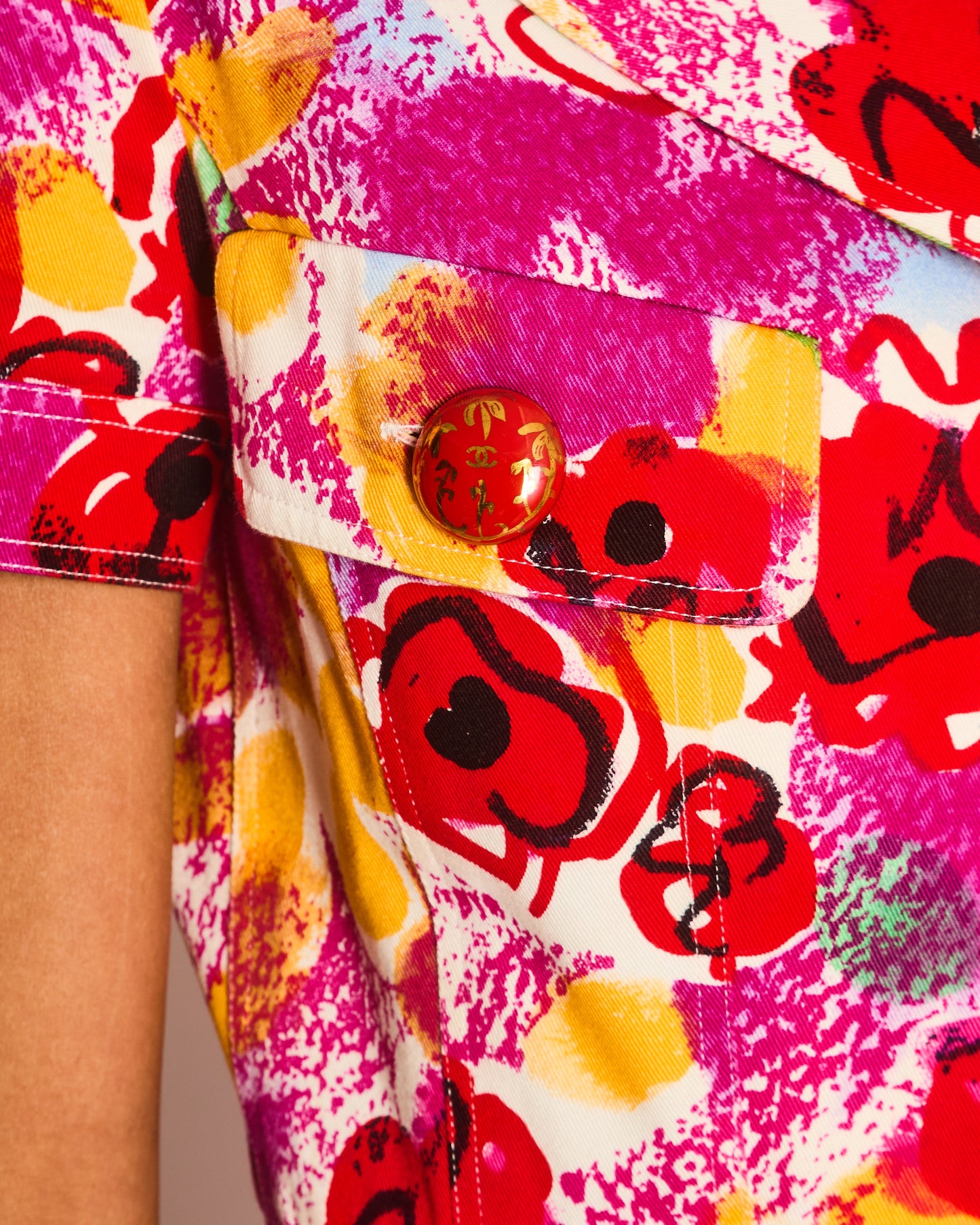 Chanel Pink Multi-Colour Short Sleeved Mini Dress with Camelia Prints and Gold CC Buttons Size FR 40 (UK 12)