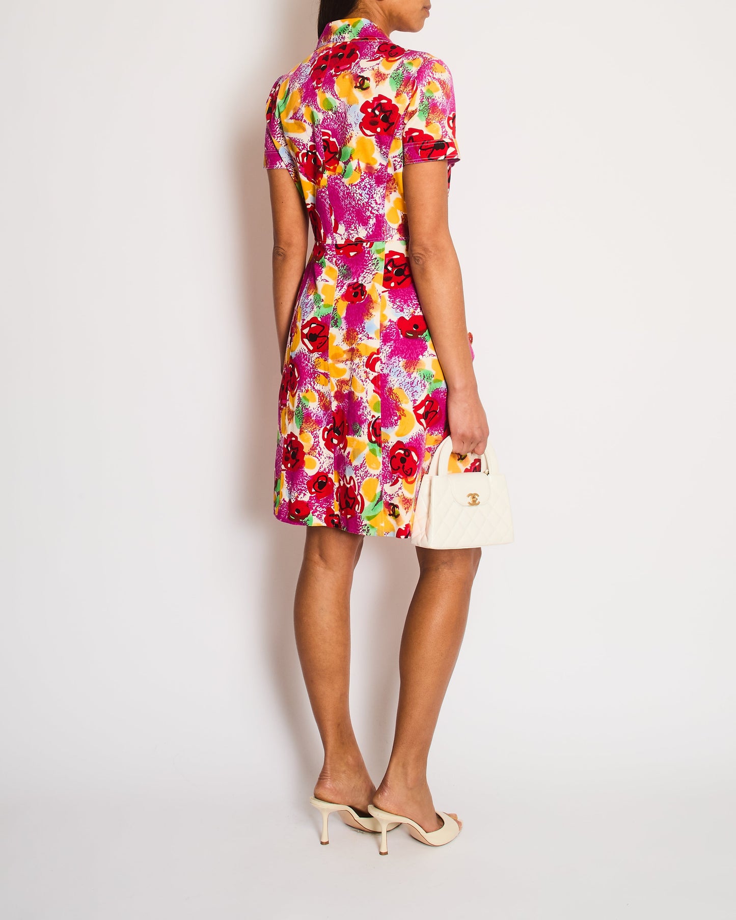 Chanel Pink Multi-Colour Short Sleeved Mini Dress with Camelia Prints and Gold CC Buttons Size FR 40 (UK 12)