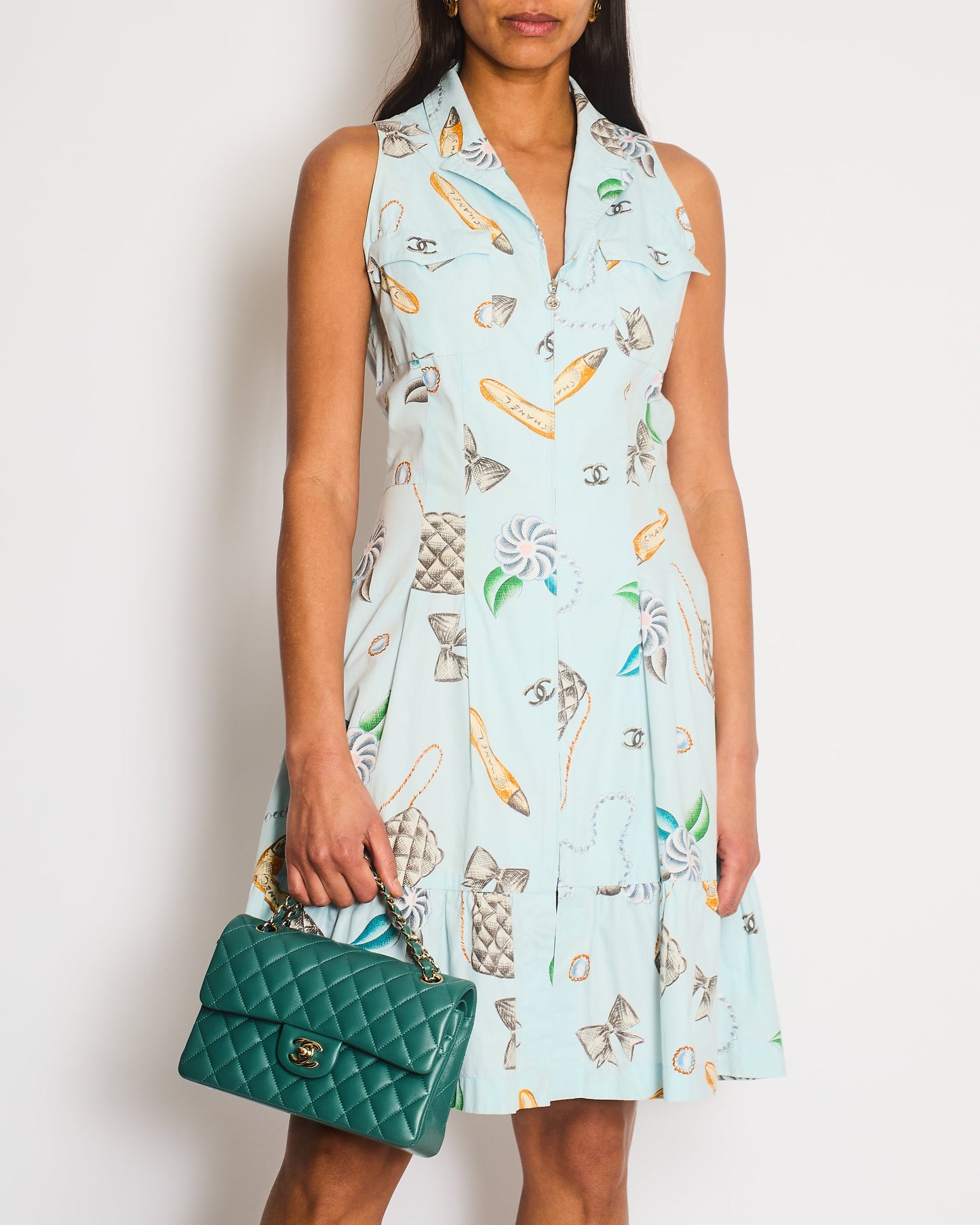 Chanel Light Blue Sleeveless Mini Dress with Camelia, Bow and Pearl Prints with Silver CC Logo Front Zipper Detail Size FR 40 (UK 12)