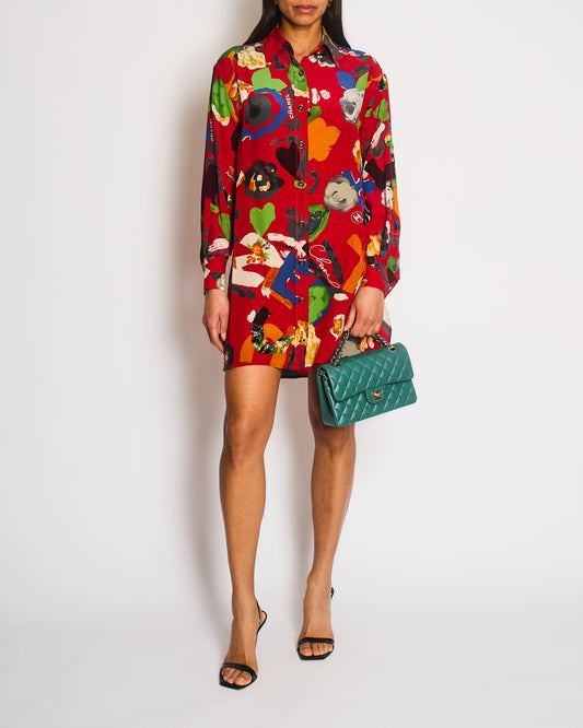 Chanel Red Mini Shirt Dress with Multi-Colour Camelia and Logo Prints with Black and Gold CC Logo Buttons Details Size FR 38/40 (UK 10/12)