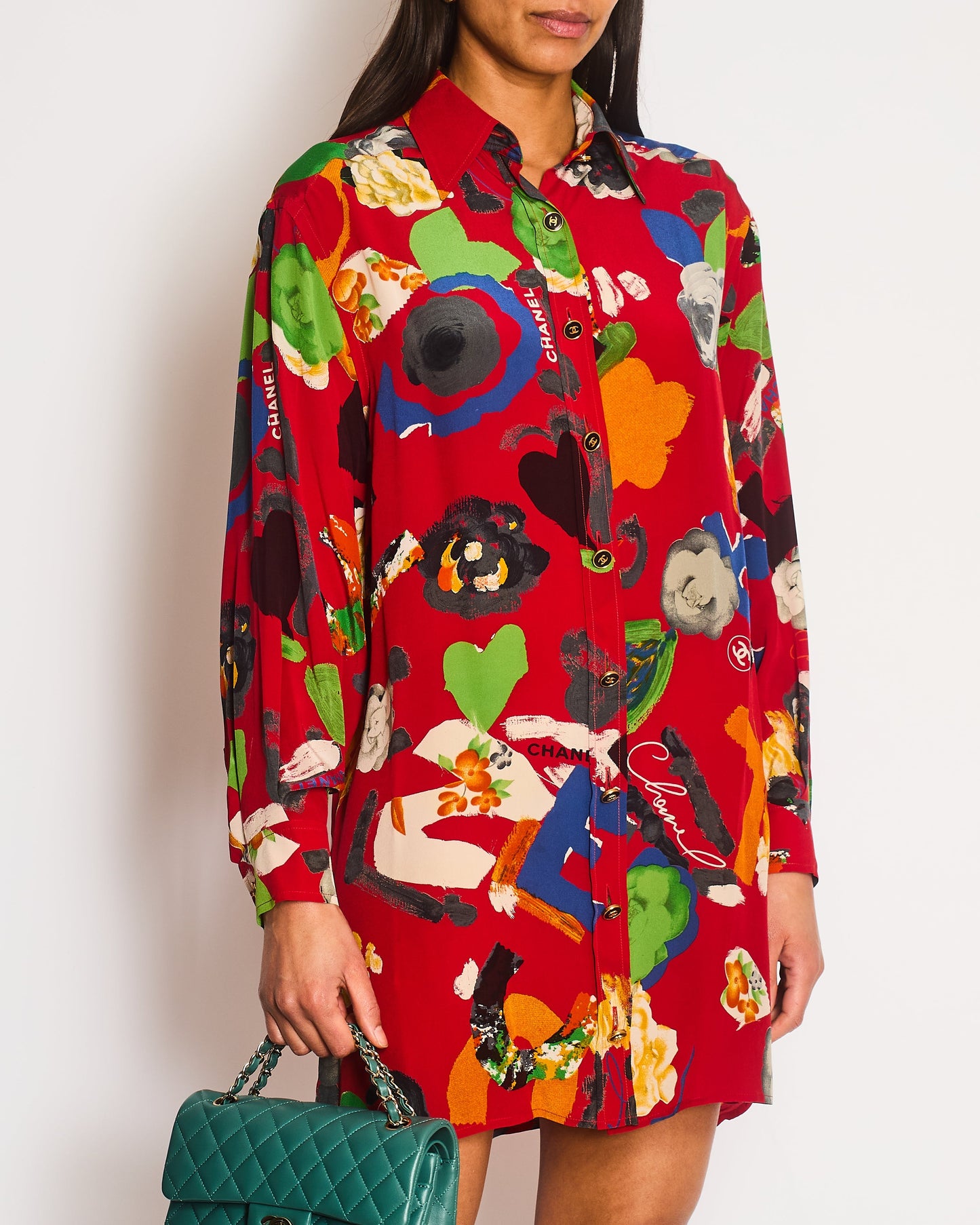 Chanel Red Mini Shirt Dress with Multi-Colour Camelia and Logo Prints with Black and Gold CC Logo Buttons Details Size FR 38/40 (UK 10/12)