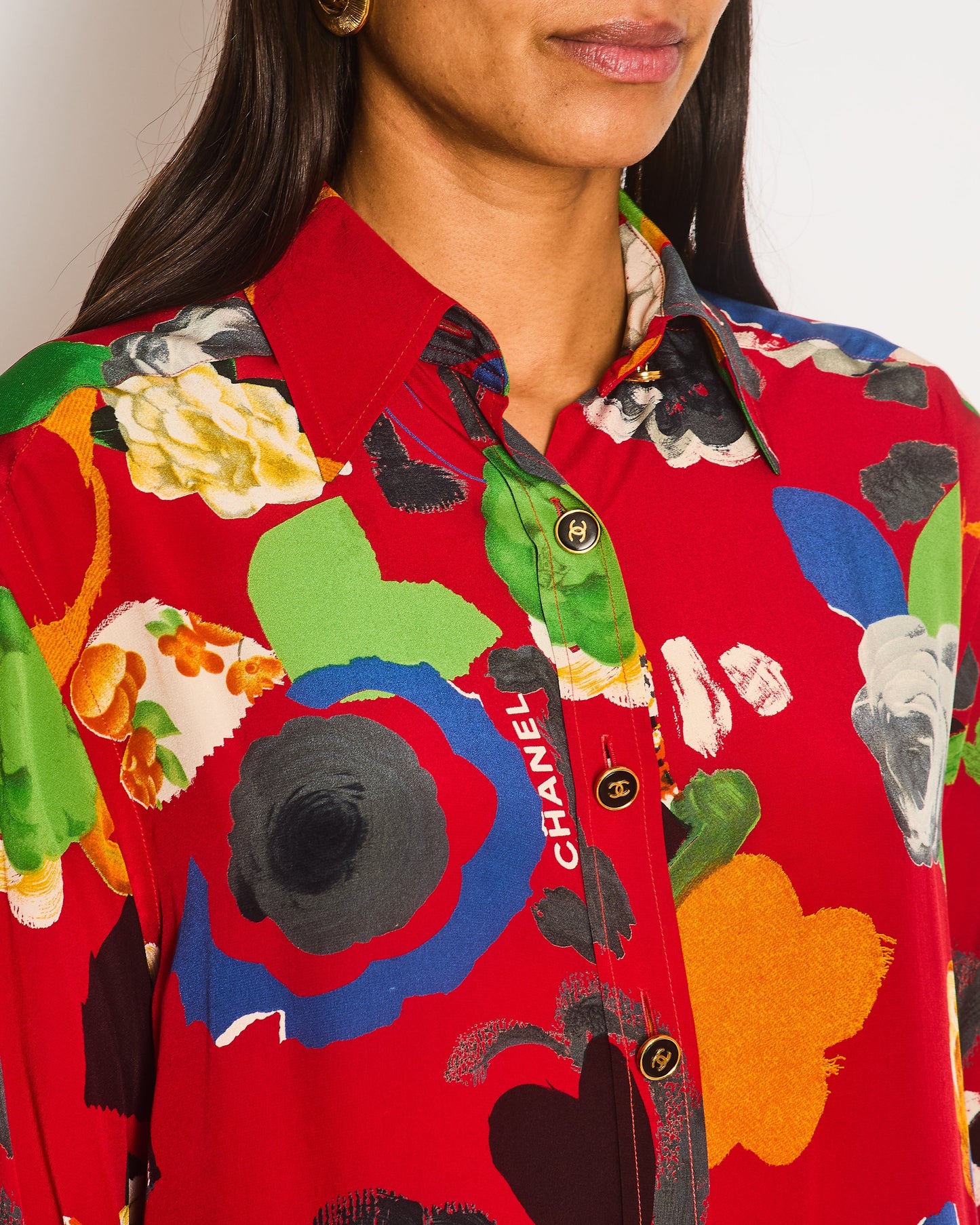 Chanel Red Mini Shirt Dress with Multi-Colour Camelia and Logo Prints with Black and Gold CC Logo Buttons Details Size FR 38/40 (UK 10/12)